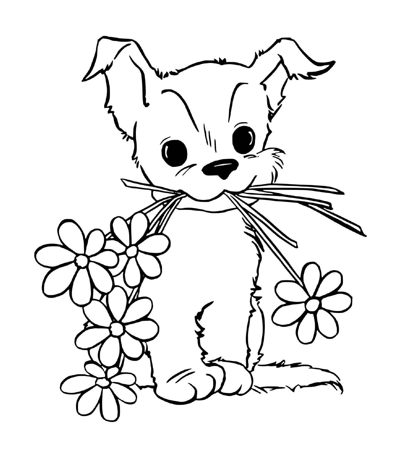 coloriage jeune chien chiot avec des fleurs