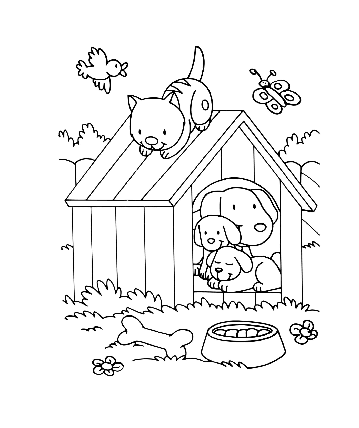 coloriage animaux maternelle chat et chiens dans la maison de chien