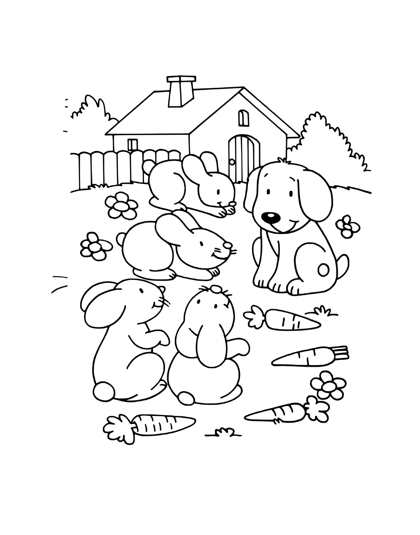 coloriage chien avec ses amis animaux lapins et des carottes