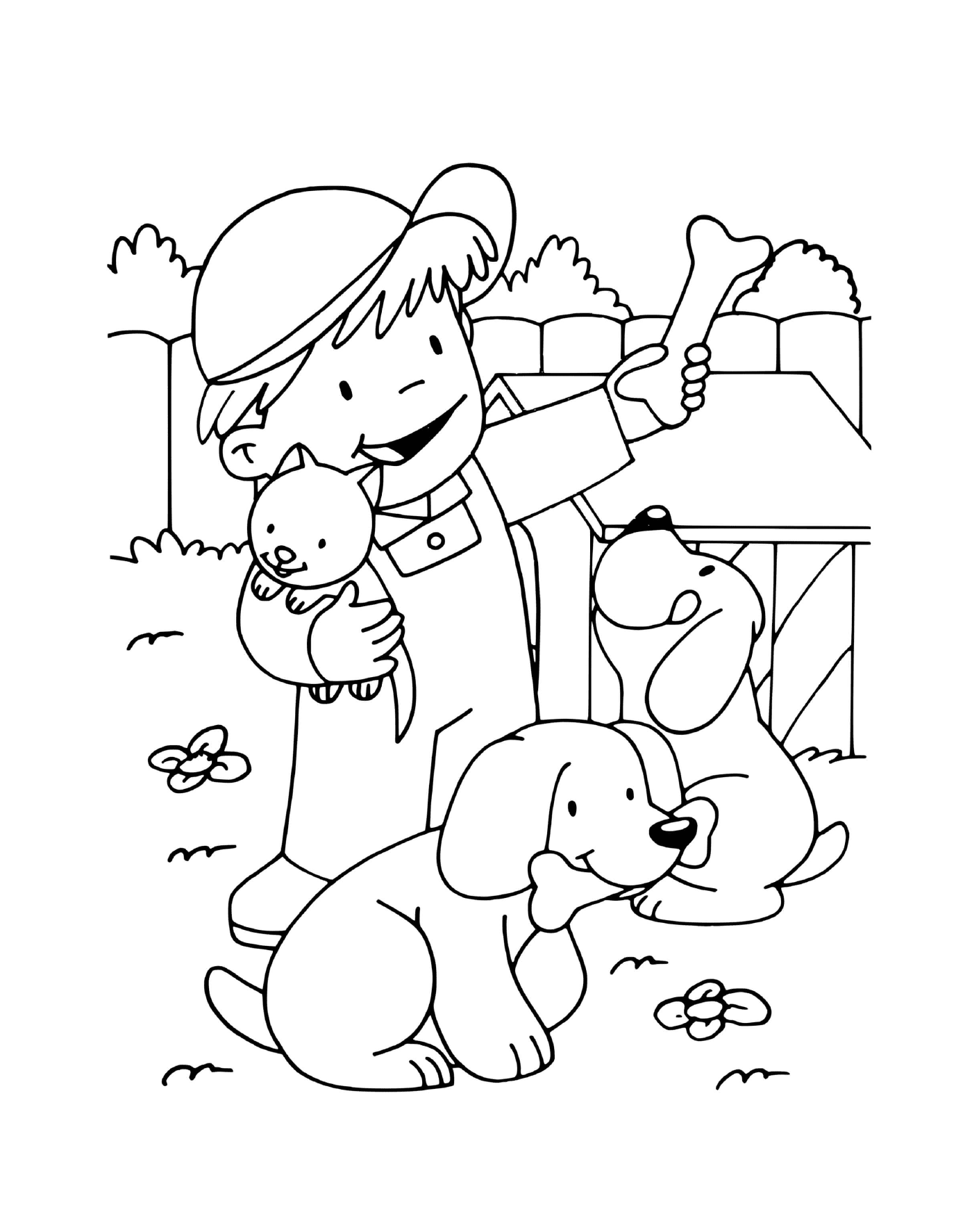 coloriage un enfant avec son chats et ses deux chiens