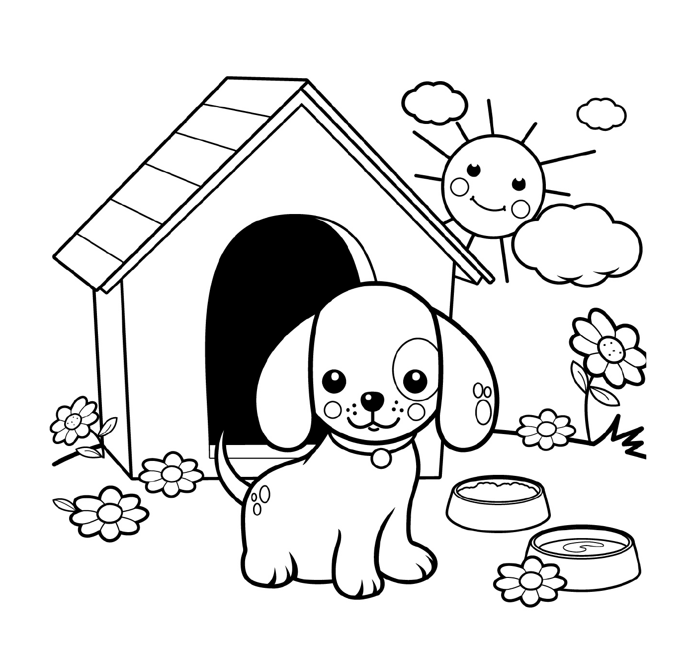 coloriage jolie chien dans sa maison au jardin et soleil eclatant