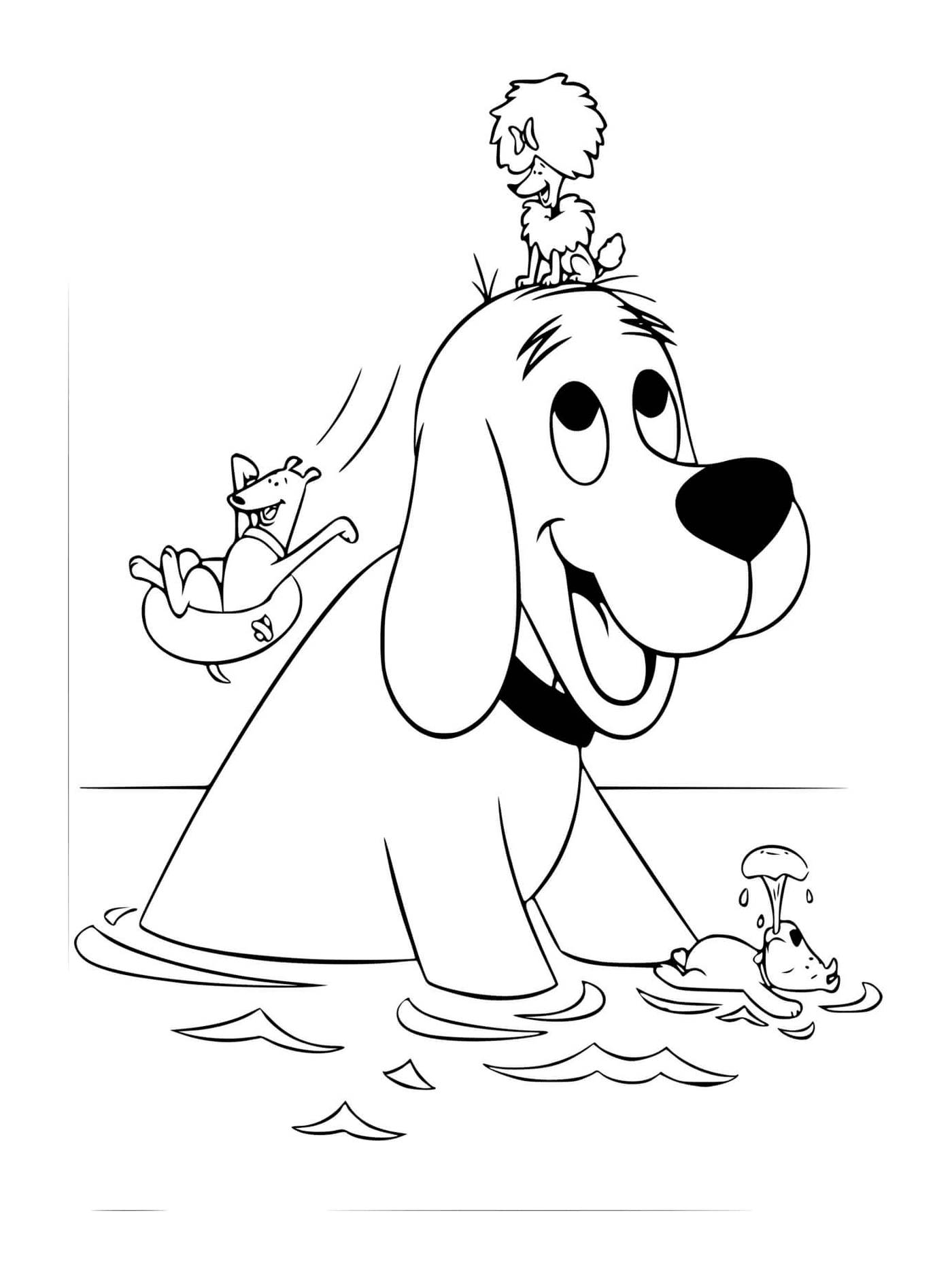 coloriage clifford et ses amis chiens se baignent au lac