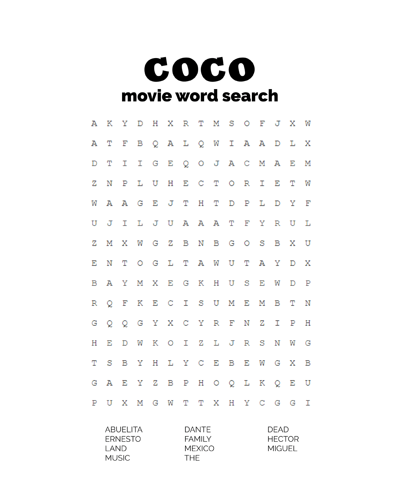 coloriage coco movie word search