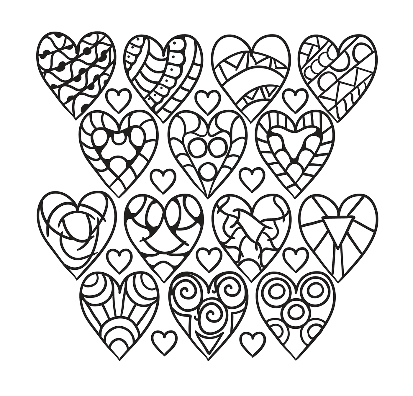 coloriage plusieurs coeurs avec diverses formes