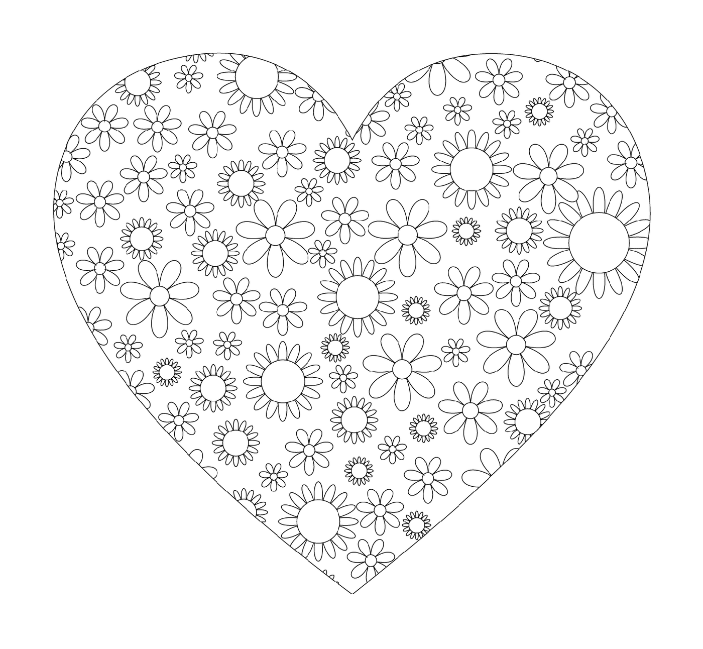 coloriage coeur simple avec motifs de fleurs