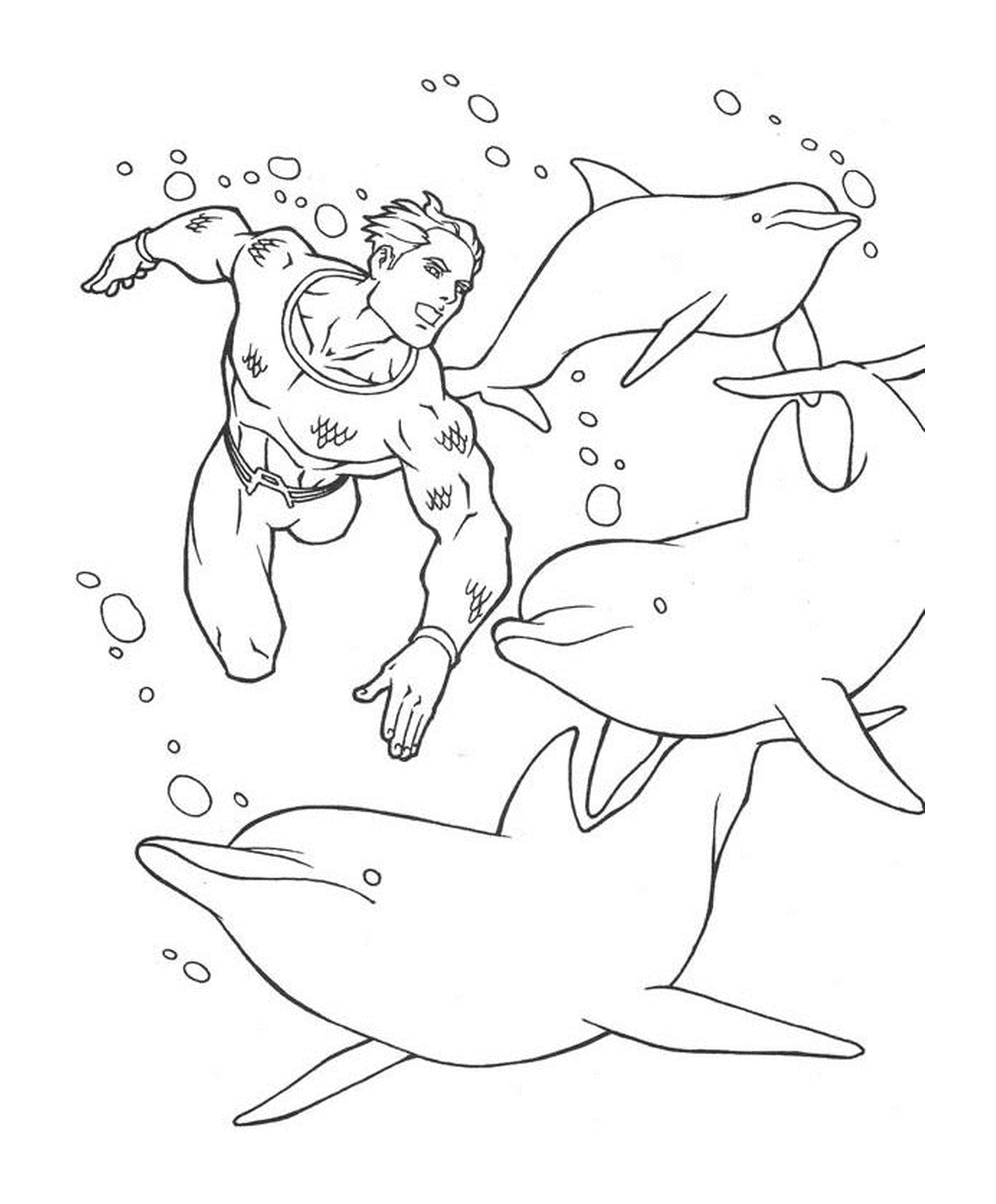 coloriage dauphins et un plongeur