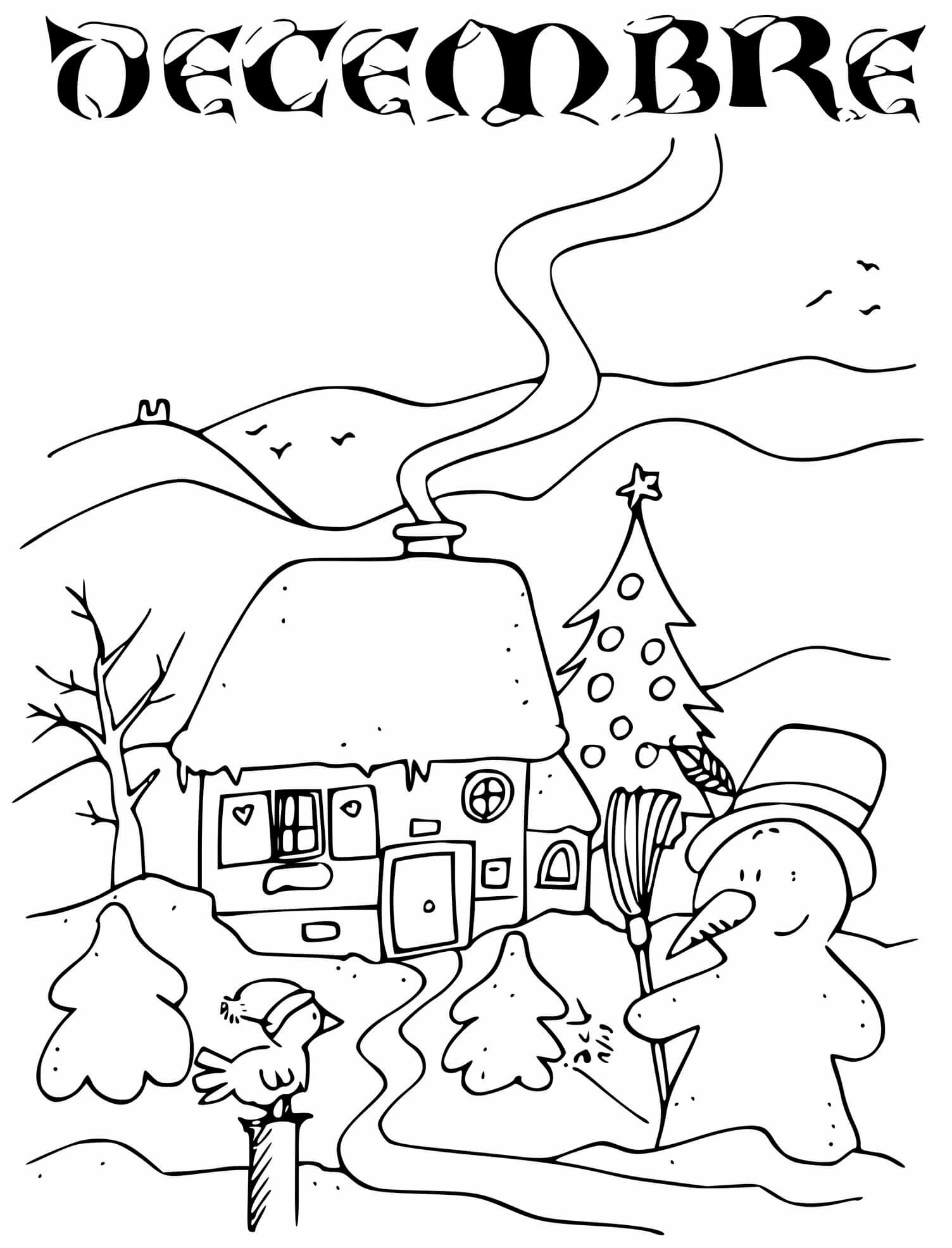 coloriage decembre hiver et neige sur une maison avec sapin