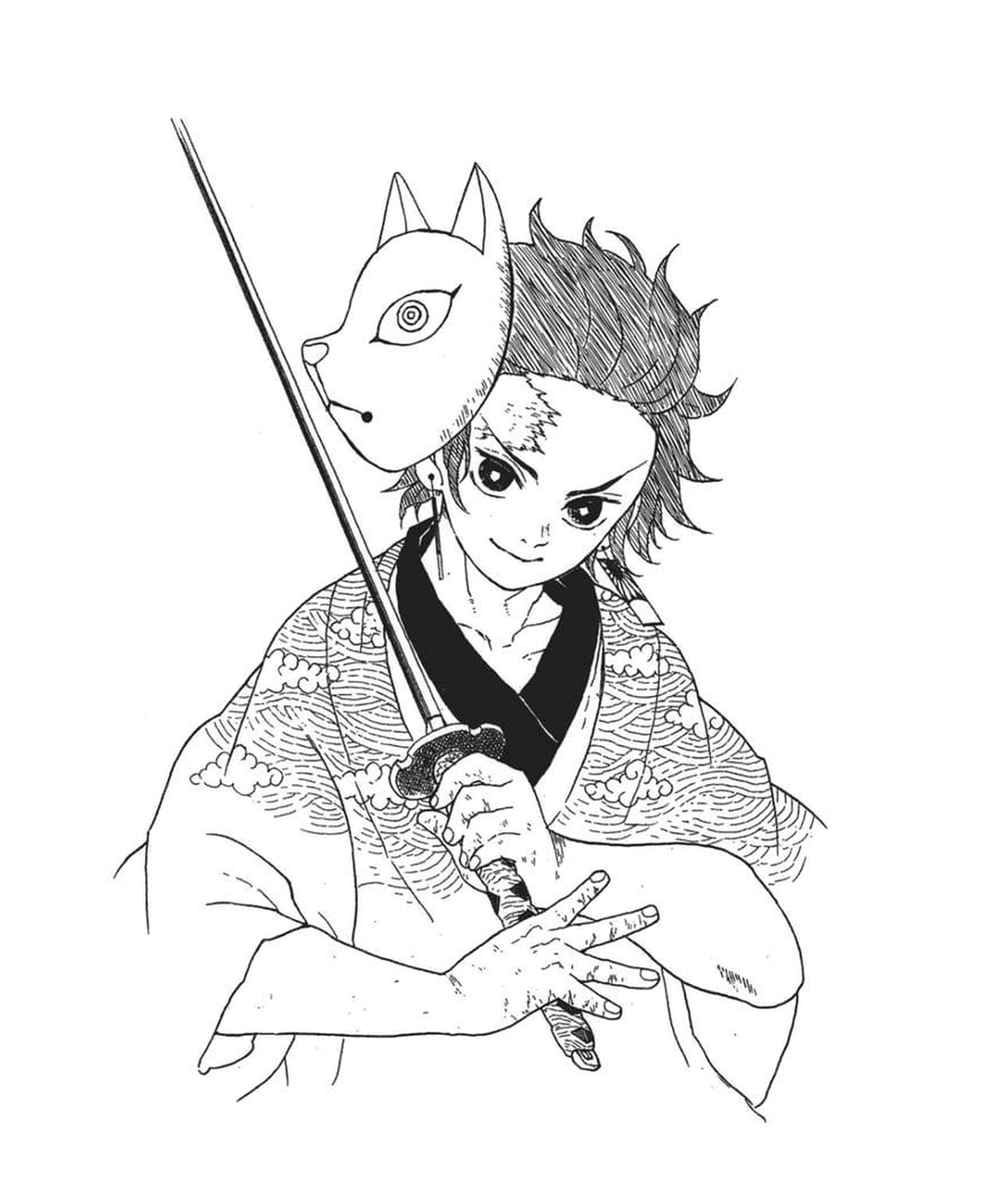 coloriage Tanjiro with mask and sword demon slayer