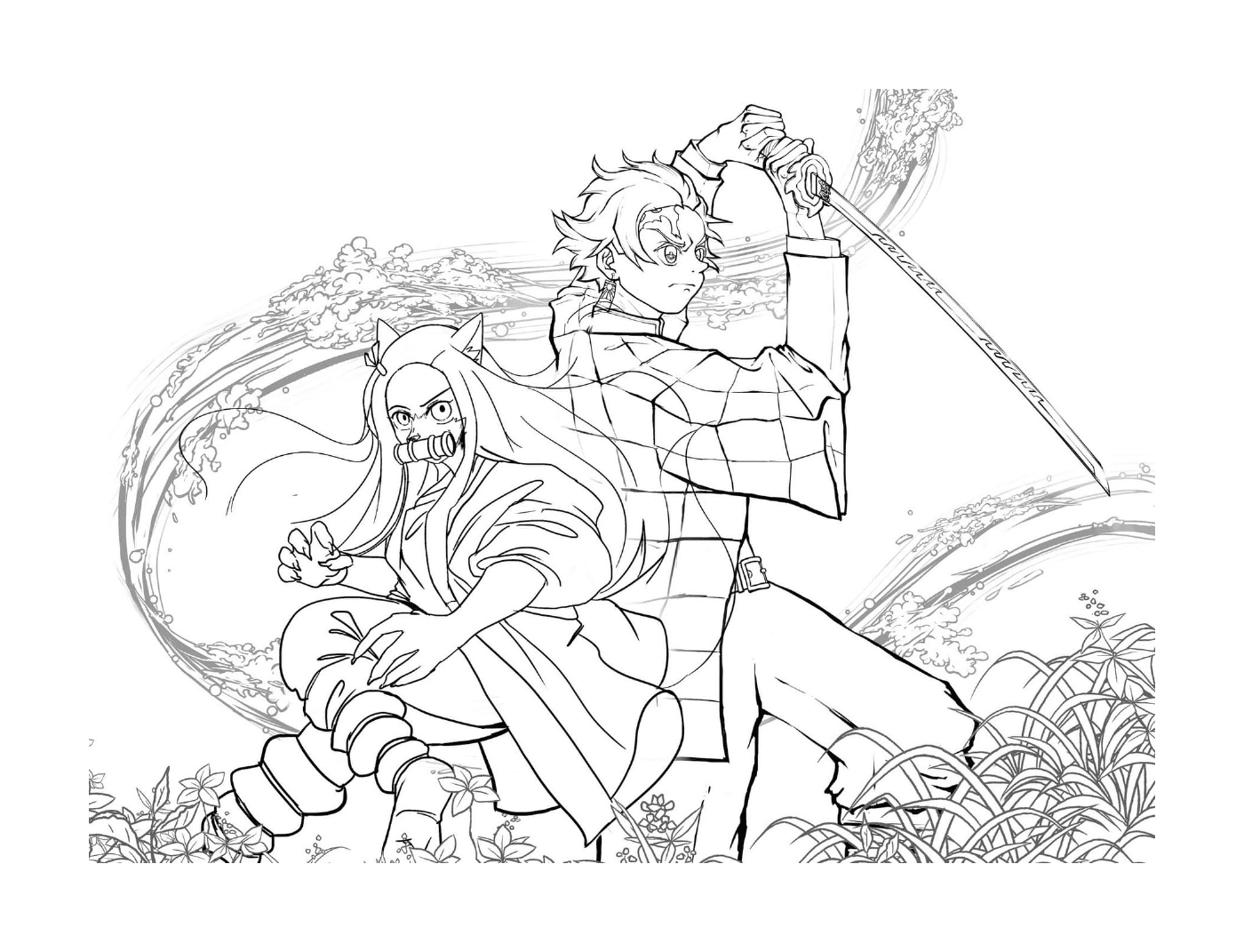 coloriage Tanjiro and Nezuko in battle demon slayer