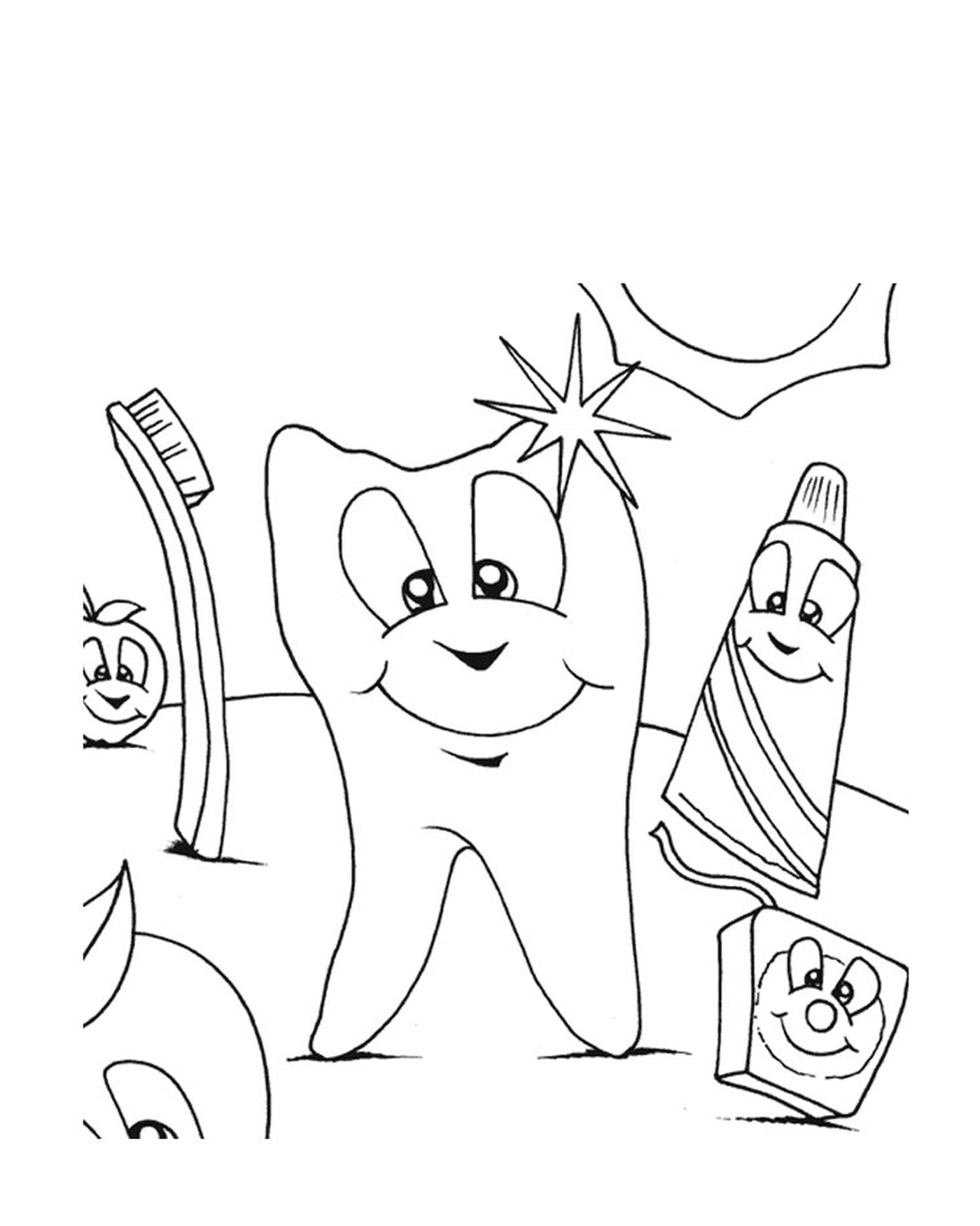 coloriage une dent propre avec brosse à dent et dentifrice pour enfants