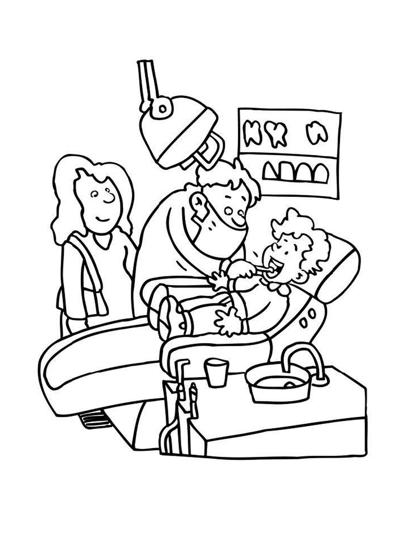 coloriage un enfant et sa maman visite un dentiste