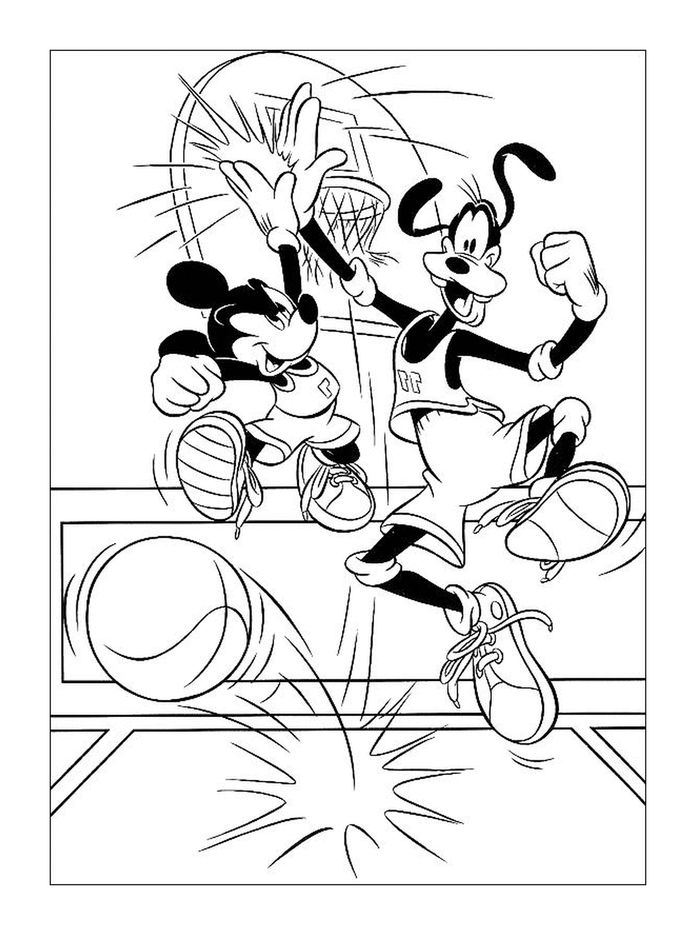 coloriage Mickey et Dingo joue au Backet Ball