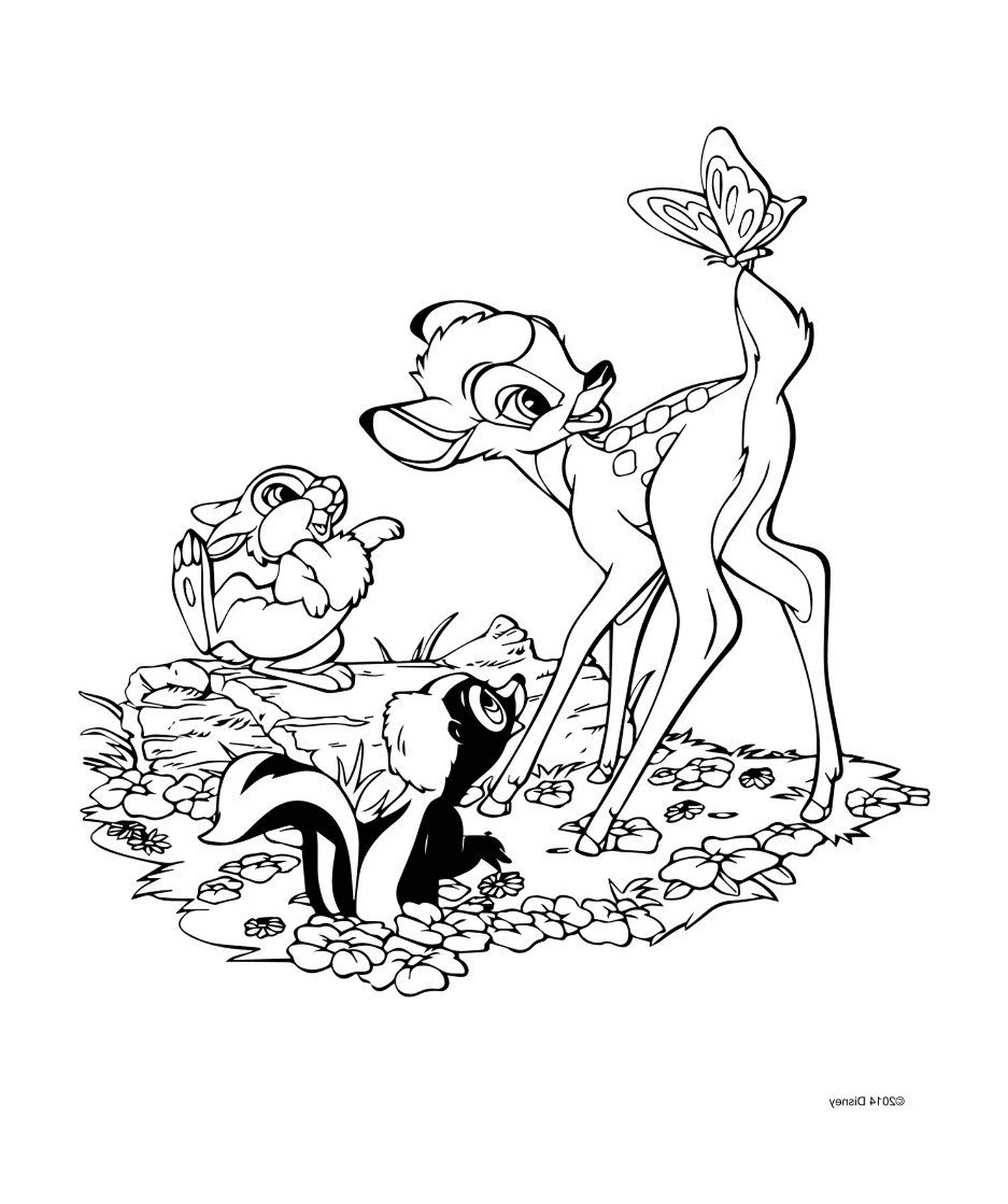 coloriage Bambi est maladroit et pataud avec le lapin Panpan malicieux et debrouillard