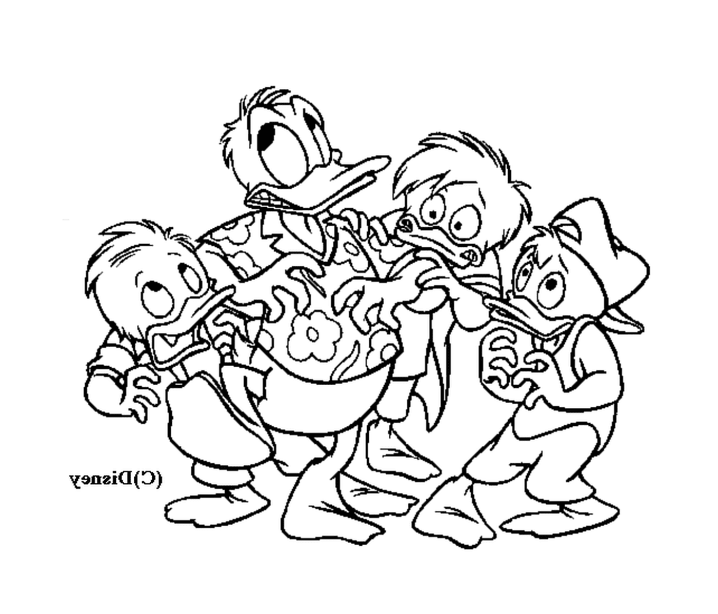 coloriage Donald avec ses neveux Disney