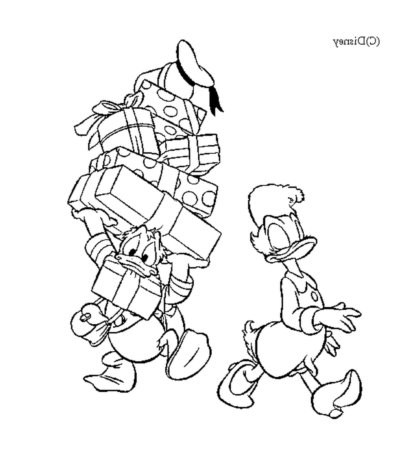 coloriage Donald porte les cadeaux de Daisy Disney