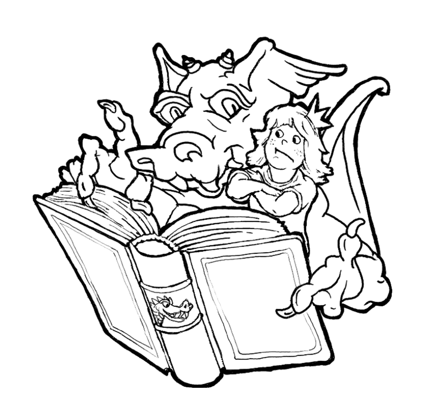 coloriage dragon et petite fille lisent un livre