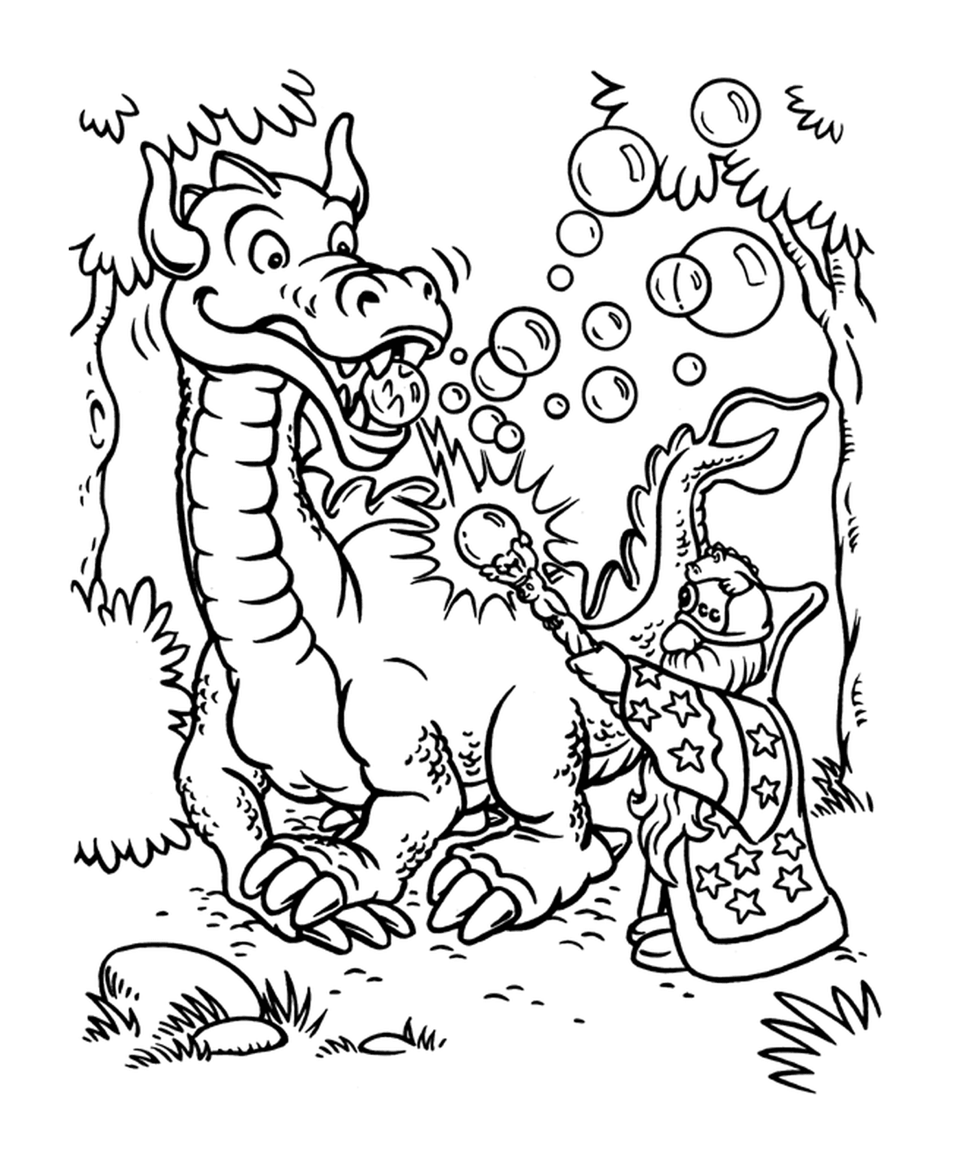 coloriage Magicien et un dragon qui fait des bulles