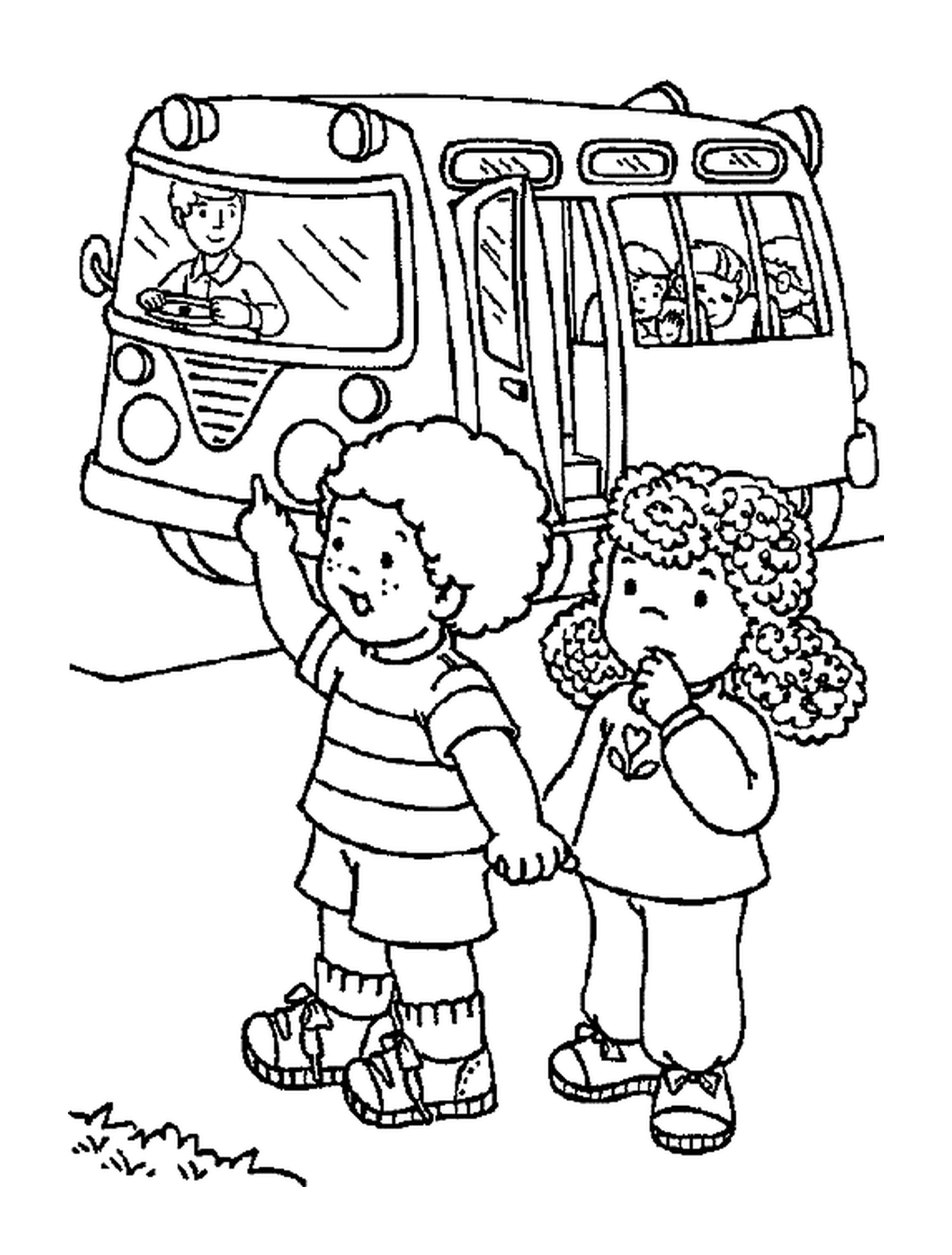 coloriage deux enfants rentrent de l ecole en bus scolaire