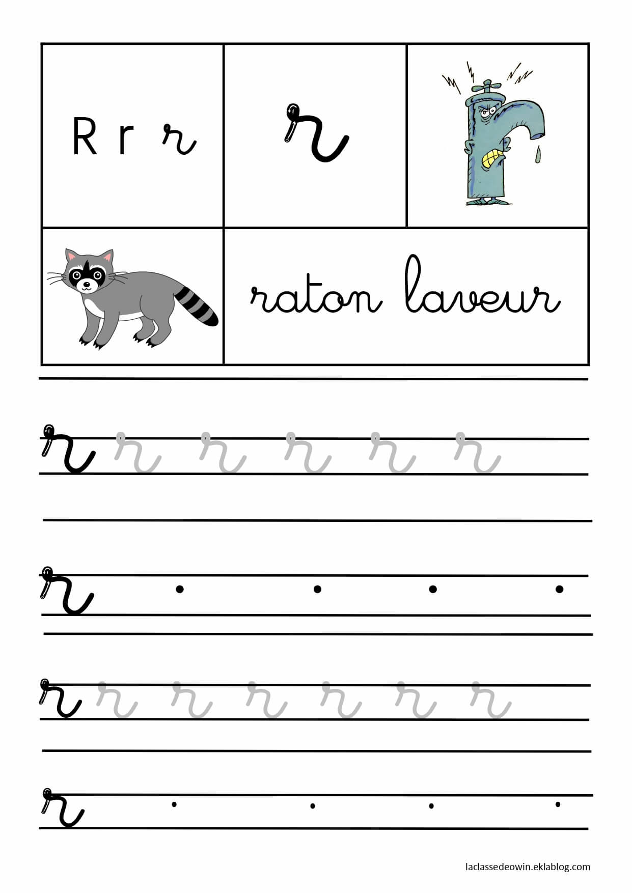 coloriage lettre R pour Raton laveur ecriture cursive gs