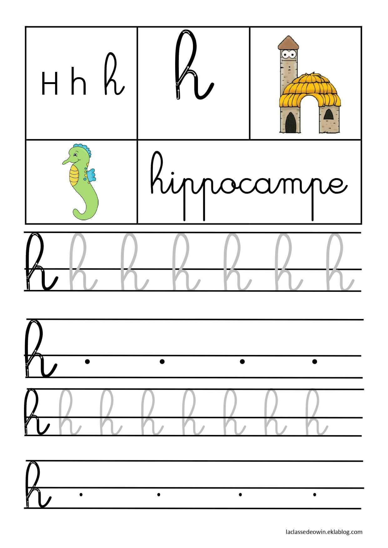 coloriage lettre H pour Hippocampe ecriture cursive gs