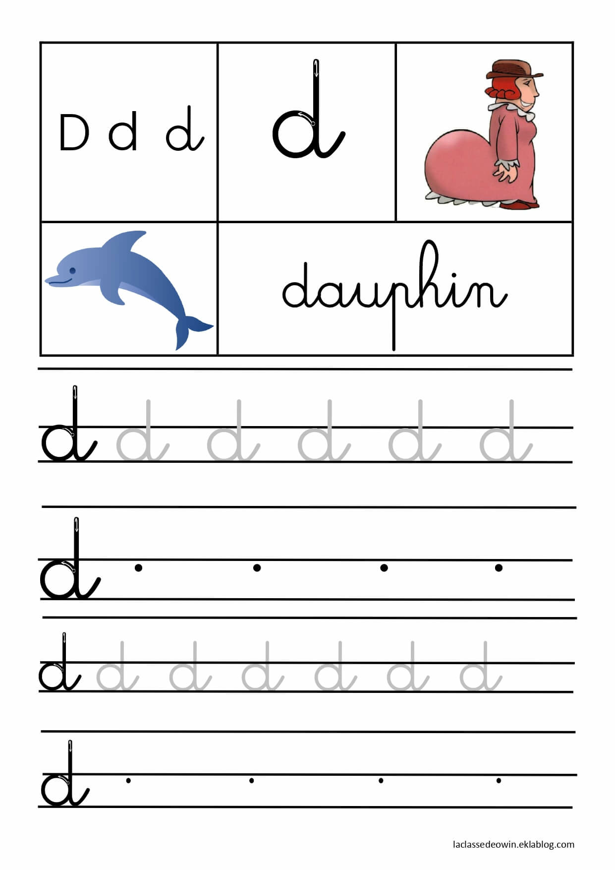 coloriage lettre D pour Dauphin ecriture cursive gs