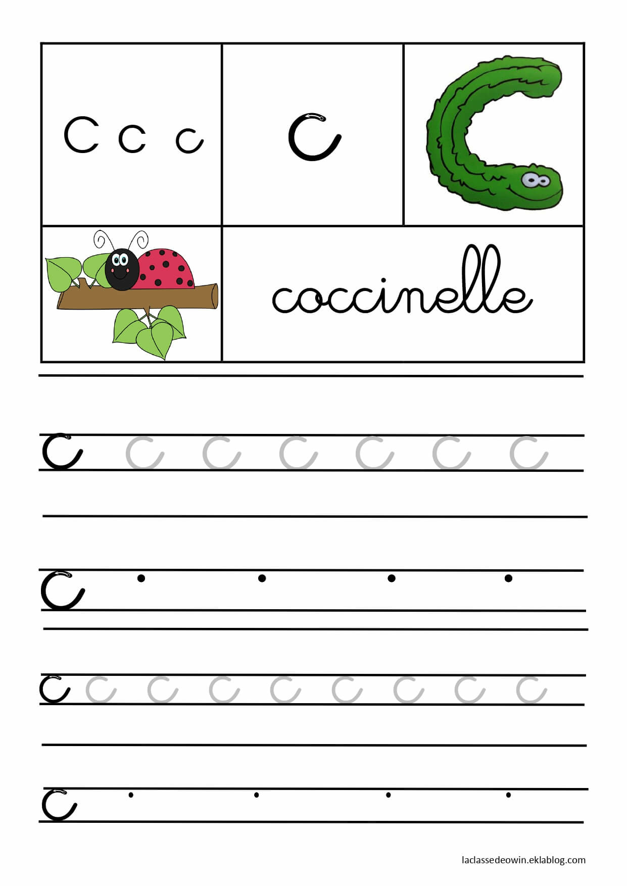 coloriage lettre C pour Coccinelle ecriture cursive gs
