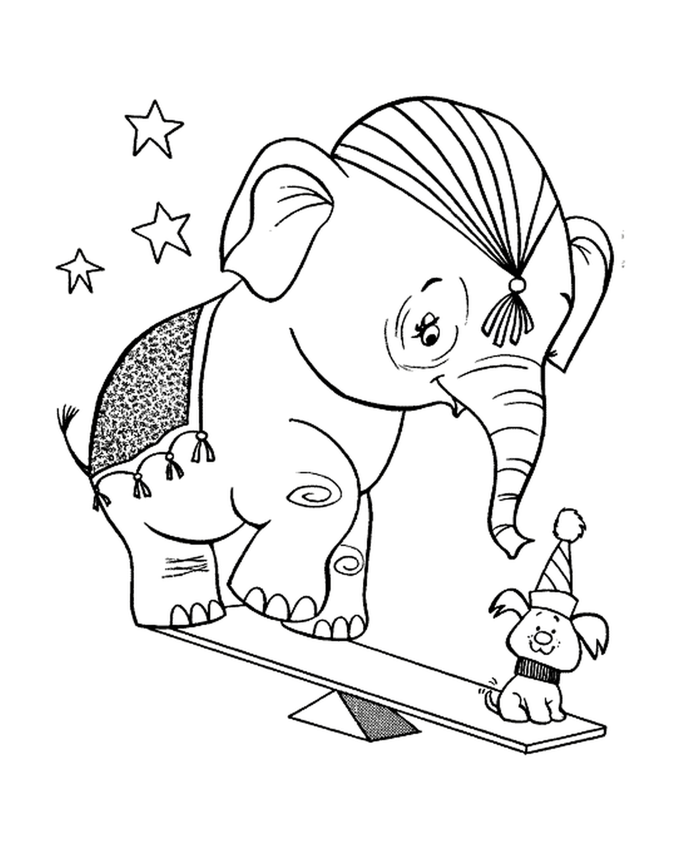 coloriage un chien avec un elephant dans un cirque