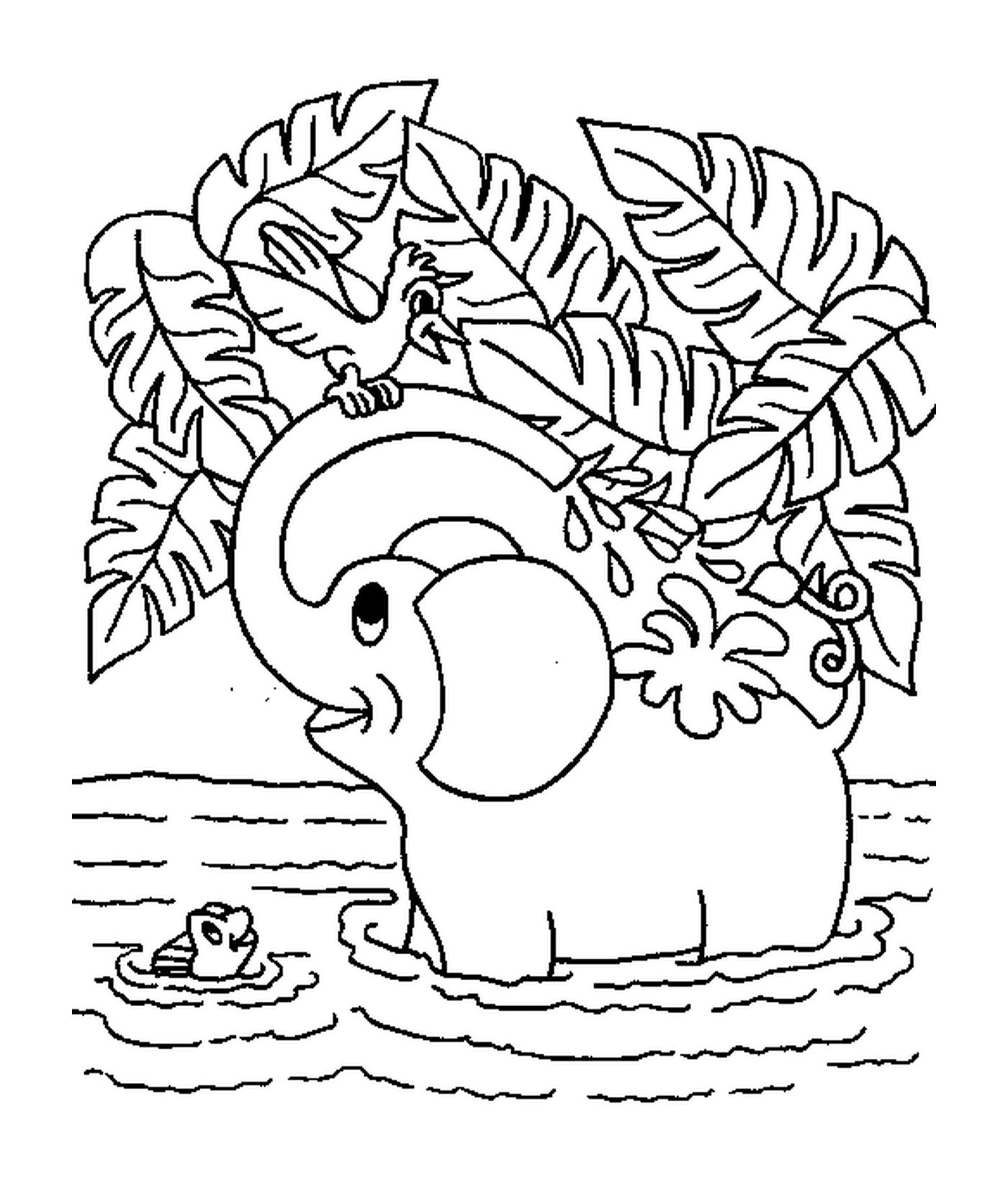 coloriage un elephant qui se lave dans une riviere