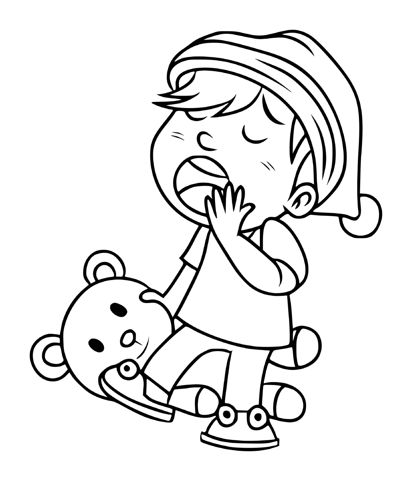coloriage un enfant baille avec son nounours dans la main pret pour le sommeil