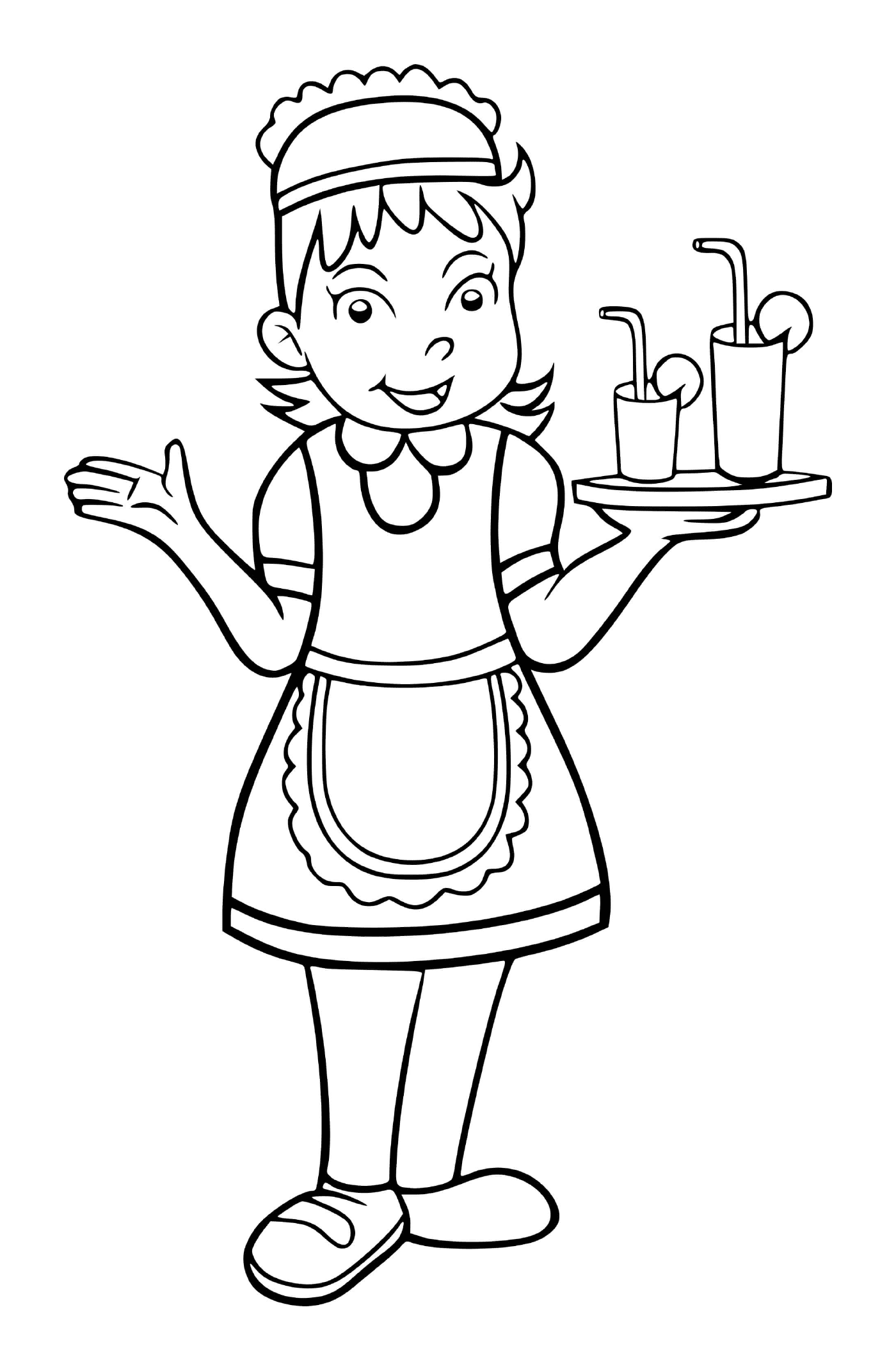 une fille se deguise pour etre serveuse dans un grand restaurant