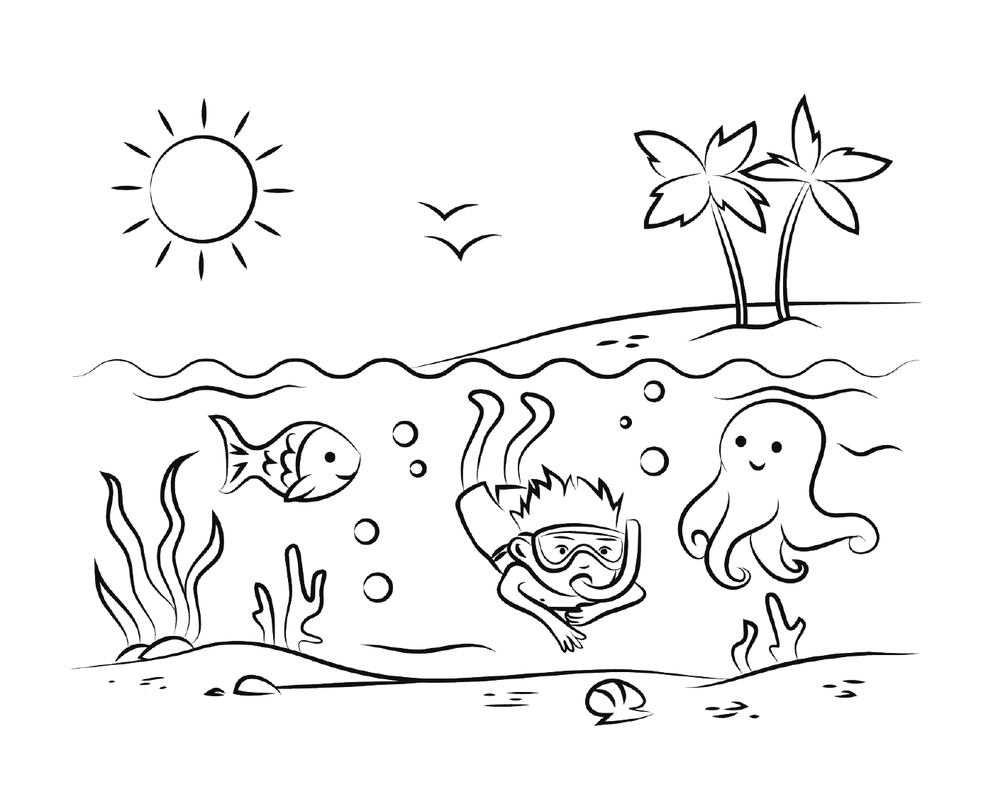 coloriage plage tropicale garcon nage poisson soleil vacance
