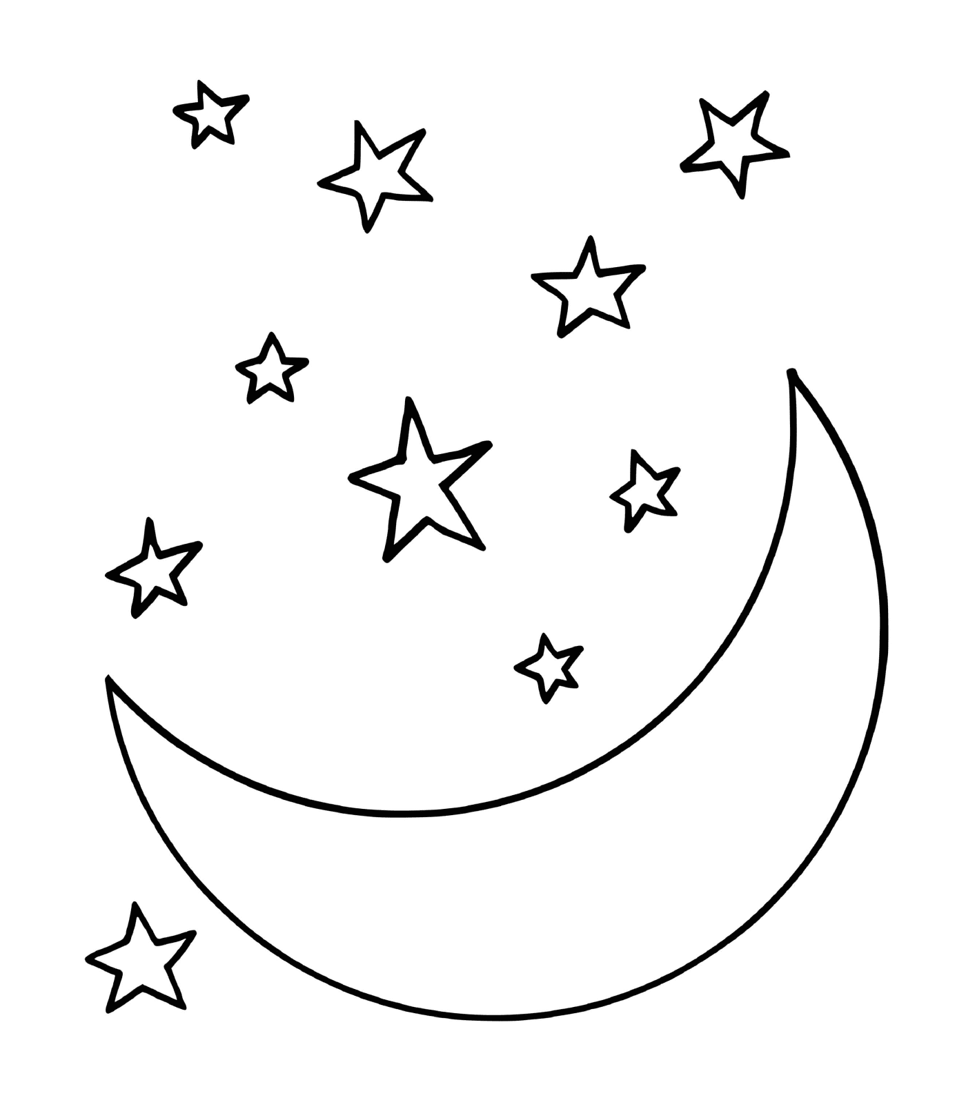 coloriage une nuit avec la lune et des etoiles
