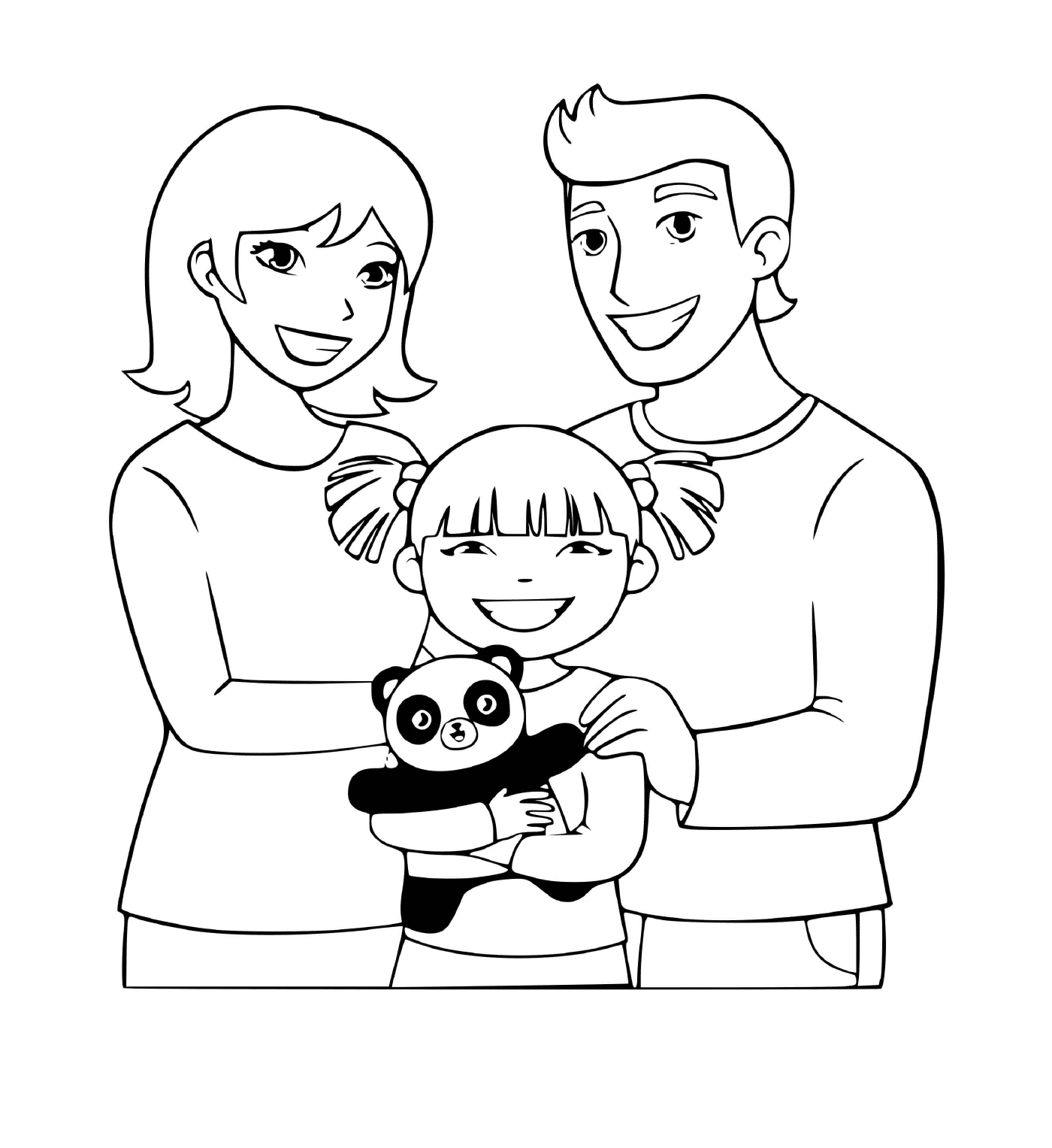 coloriage famille avec leur fille unique et son panda nounours
