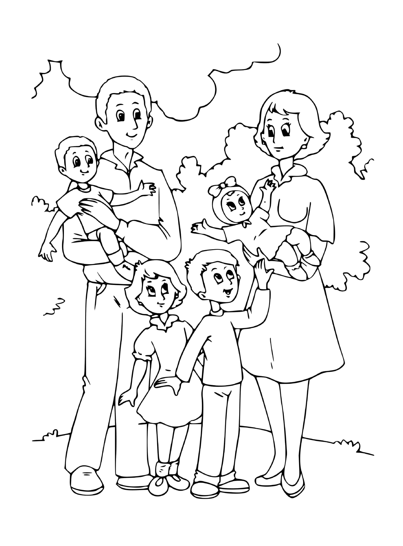 coloriage famille avec plusieurs enfants papa et mama