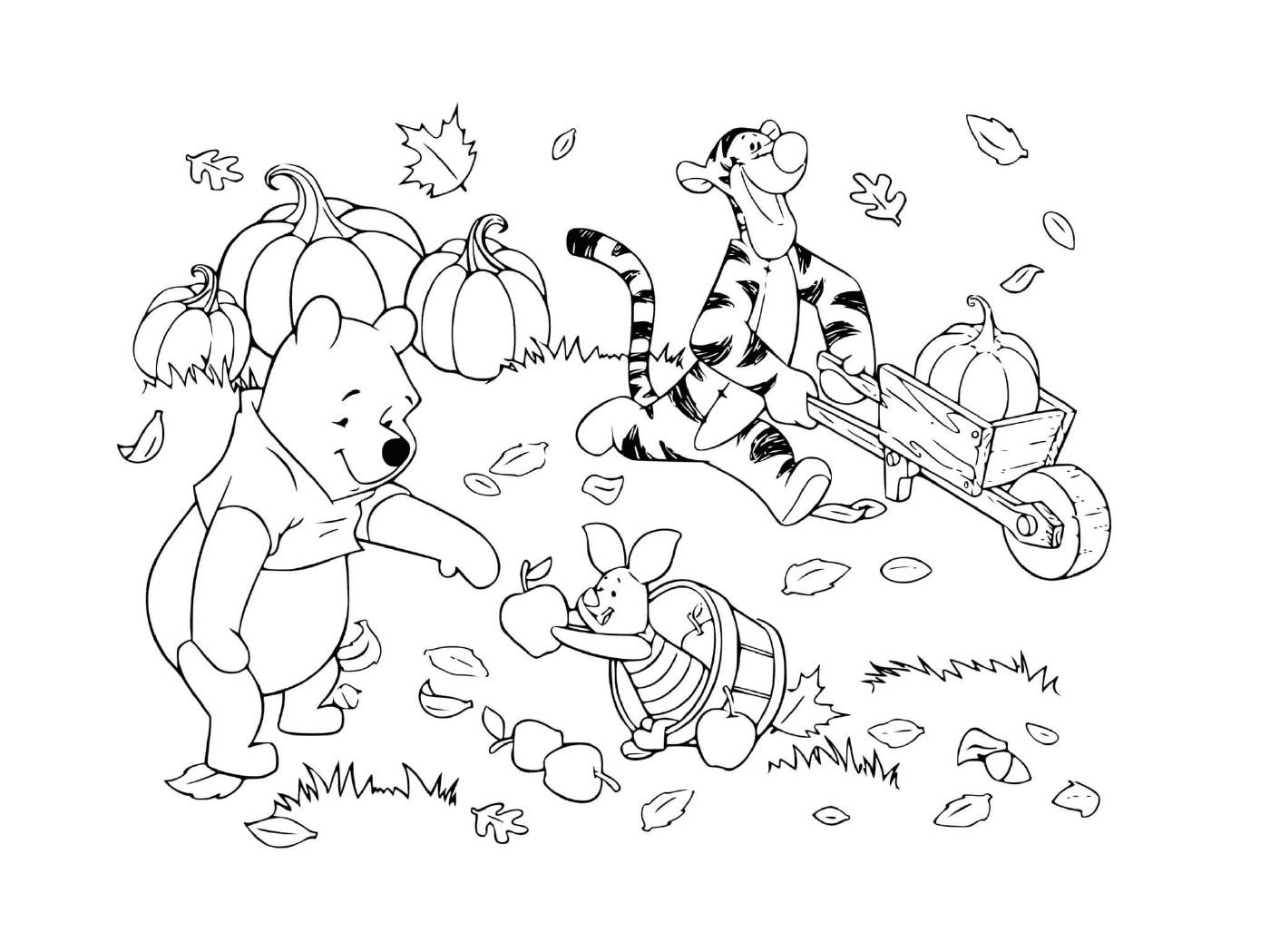 coloriage winnie the pooh et tigrou porcinet ramassent les feuilles citrouilles pommes