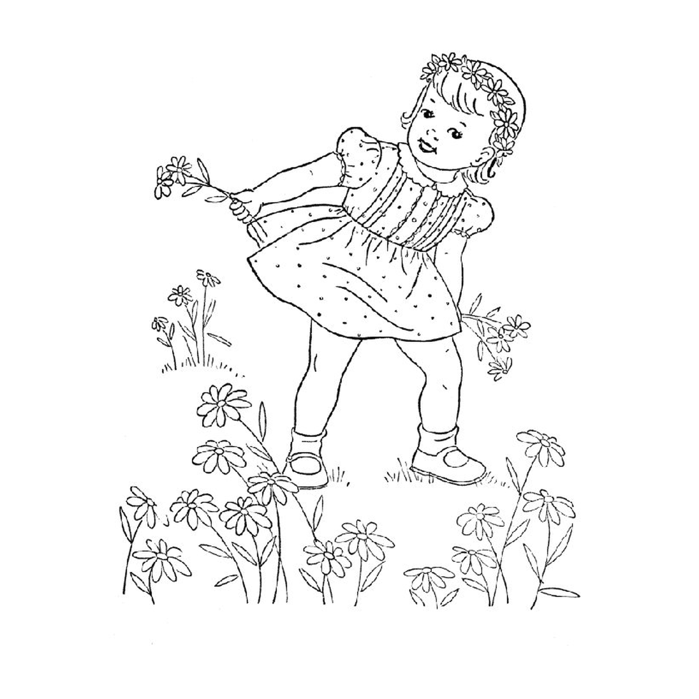 coloriage fille cueillir des fleurs