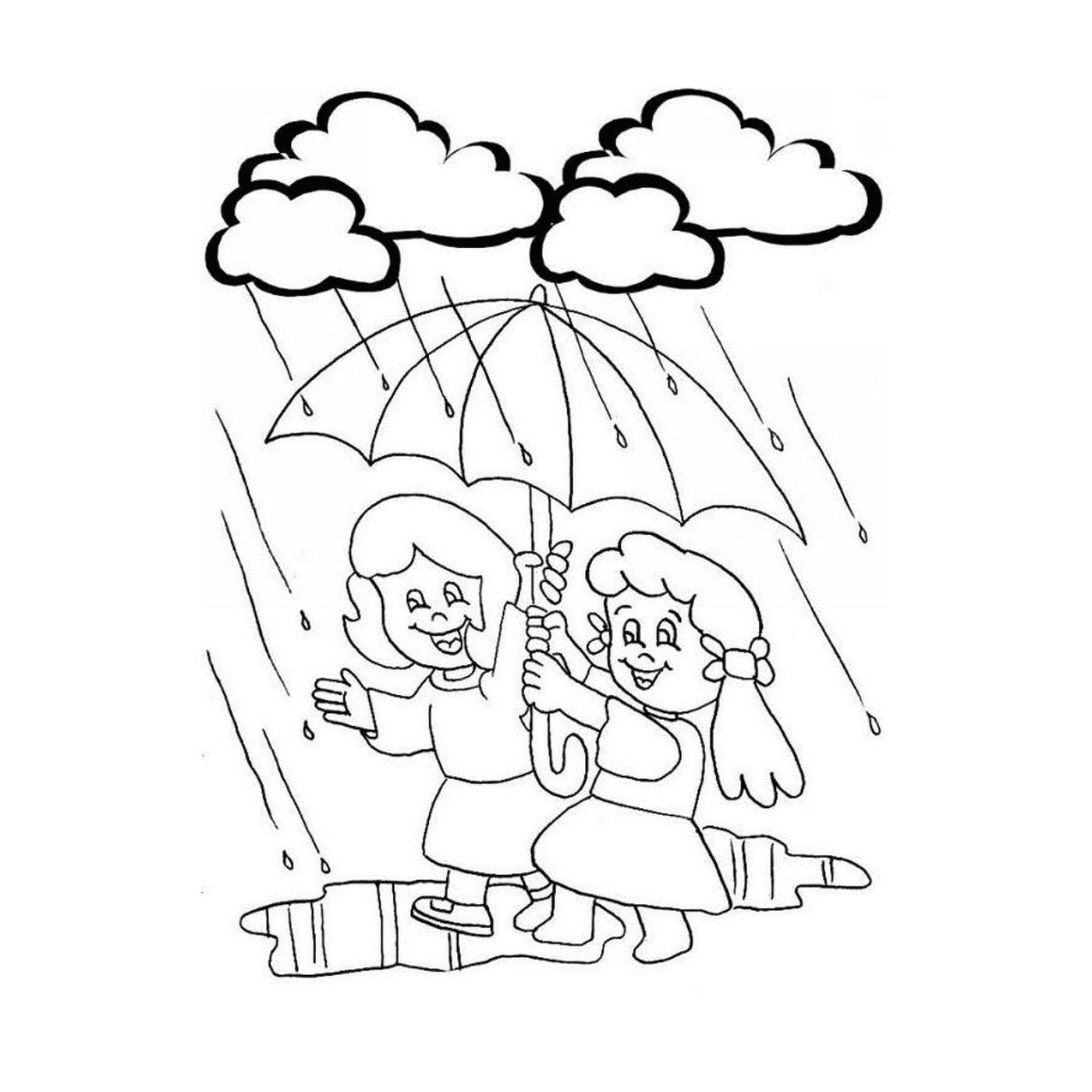 coloriage petites filles heureuses sous la pluie