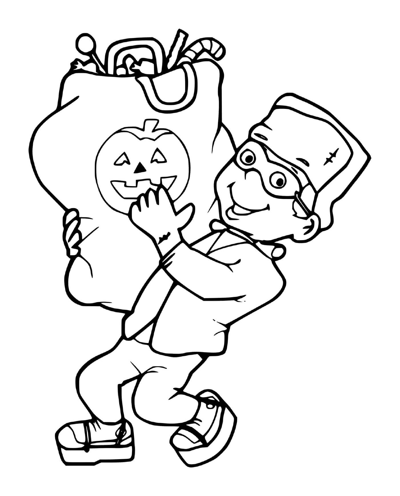 coloriage enfant avec un costume de Frankenstein recolte un grand sac de friandise pour halloween