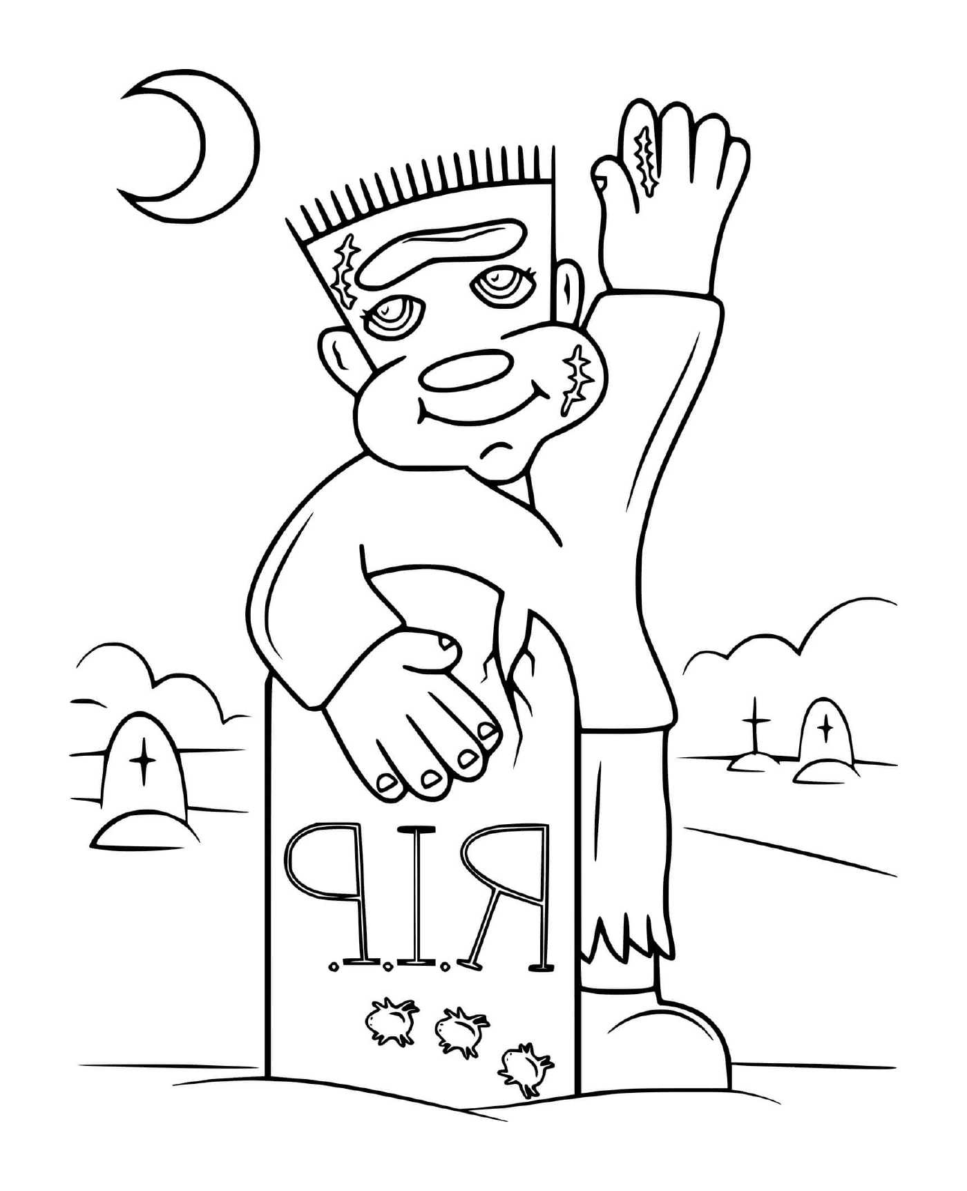 coloriage Frankenstein devant une tombe un mort est enterre