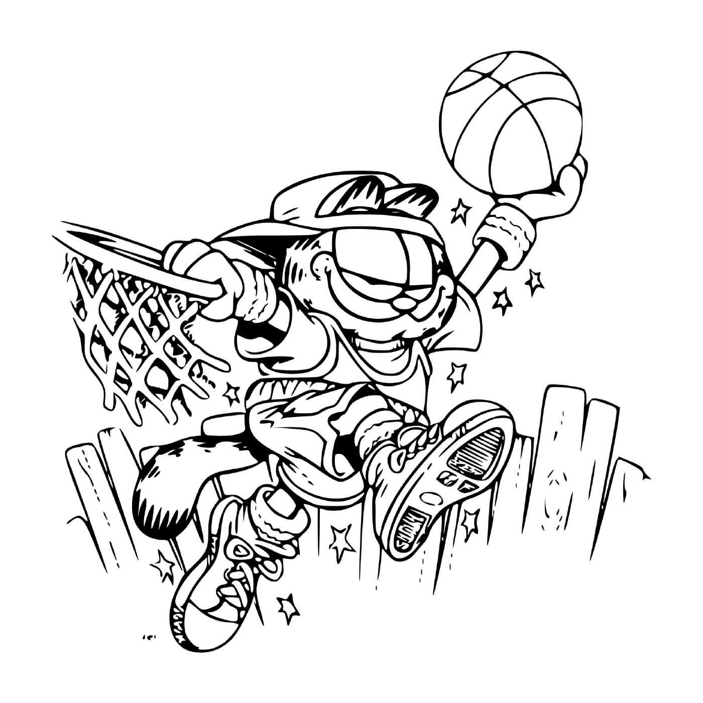 coloriage Garfield fait du basketball
