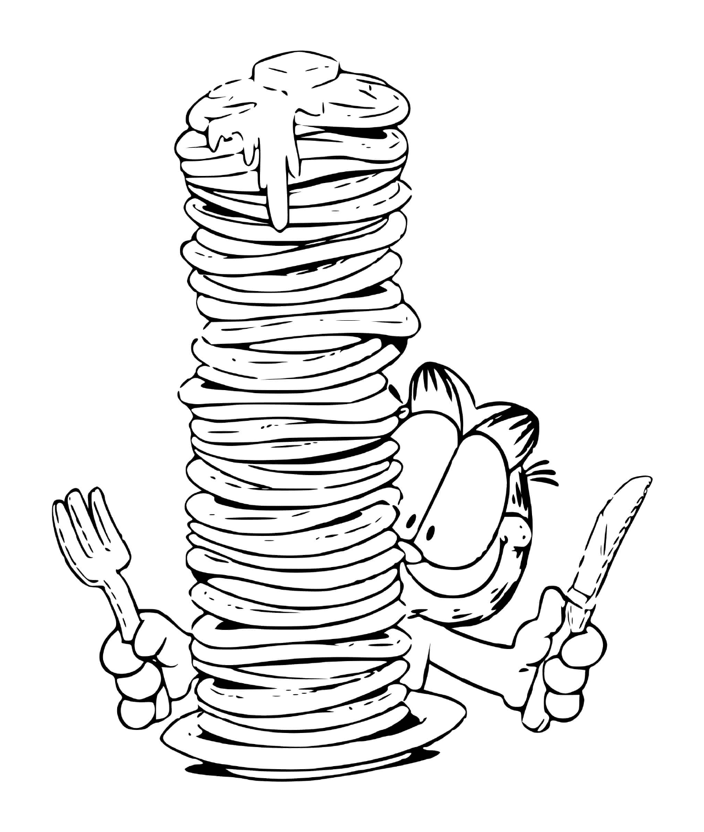 coloriage Garfield mange une pile de crepes