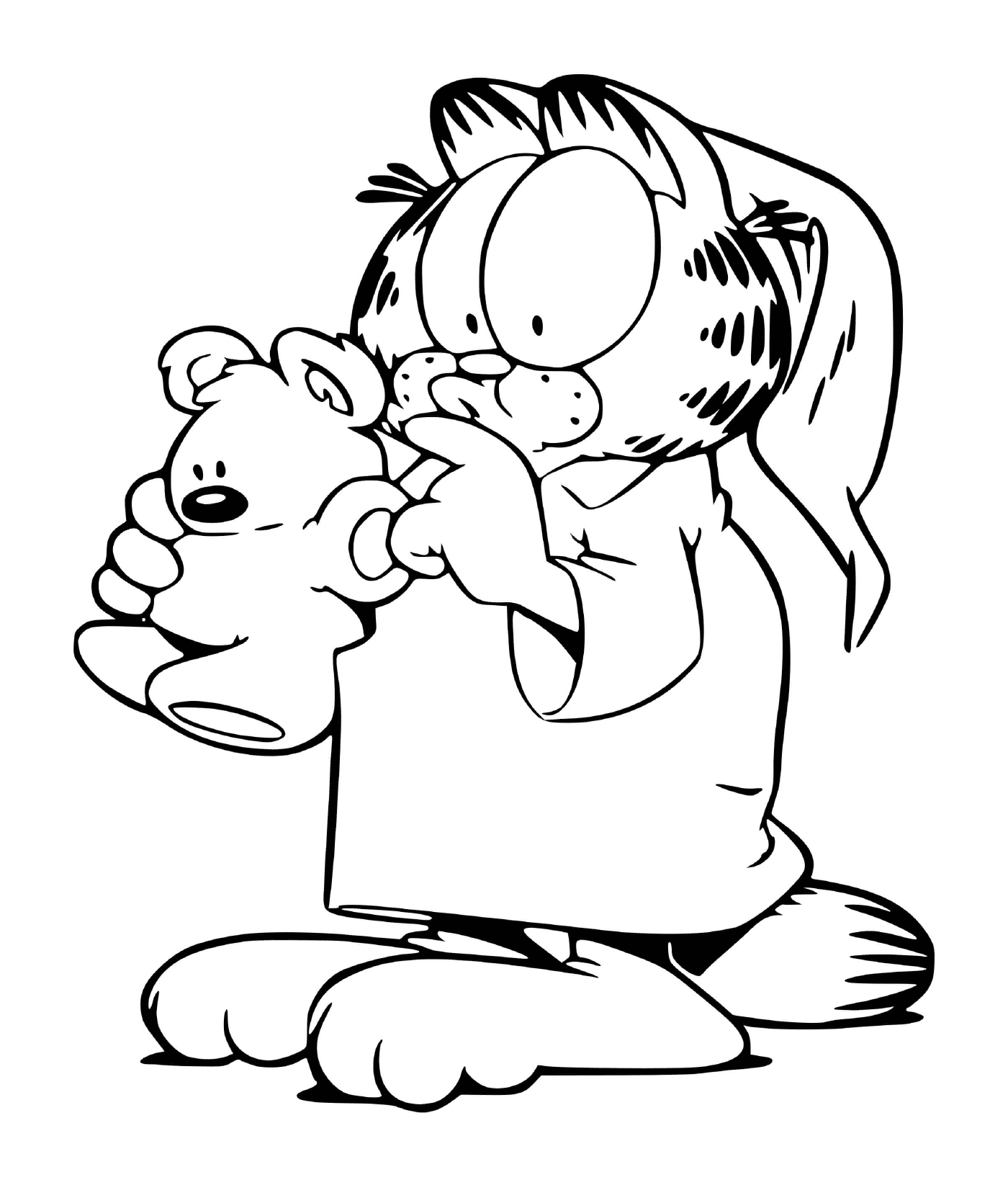 coloriage Garfield en pyjama avec son ours en peluche