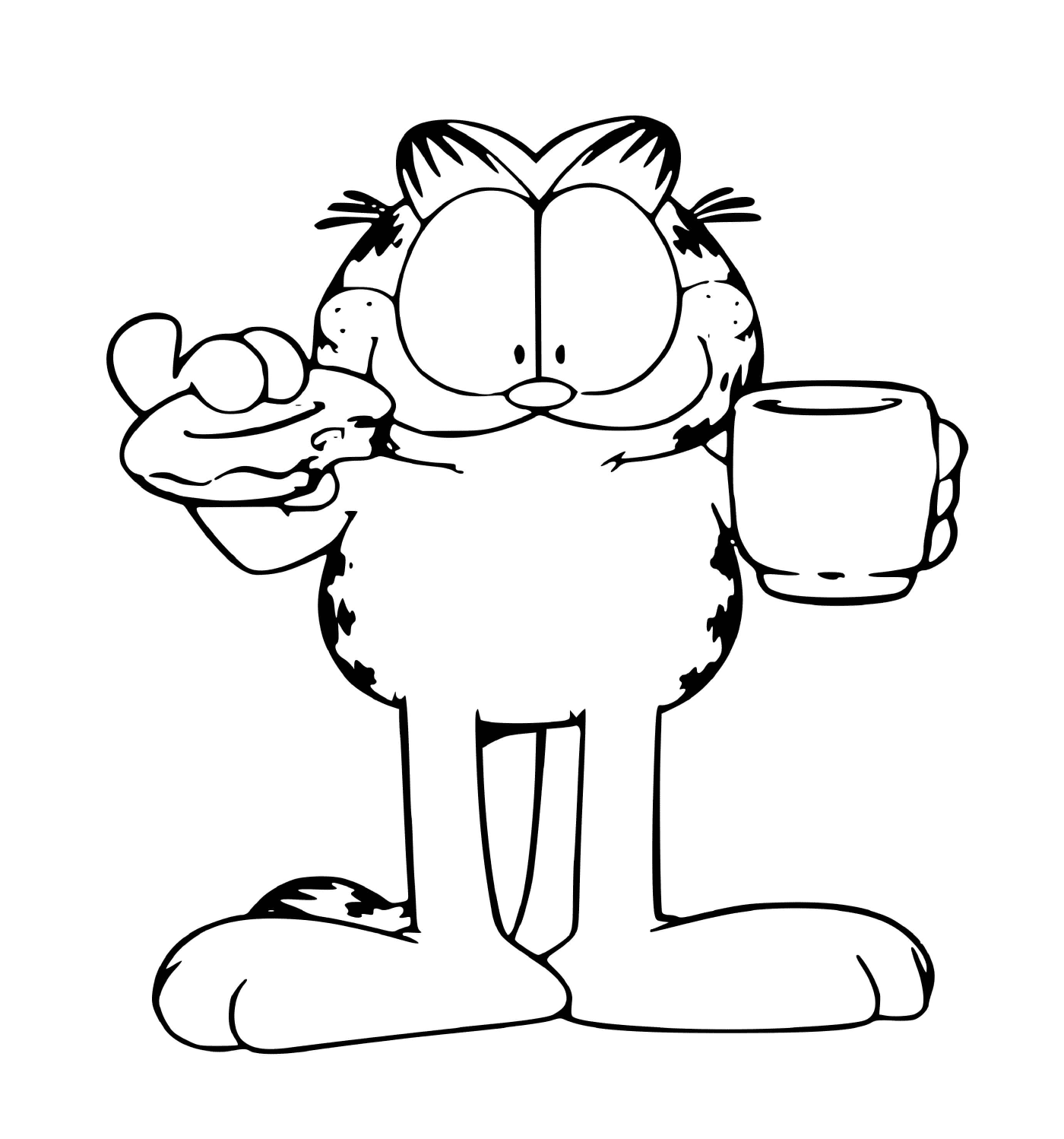 coloriage Garfield boit un cafe et un beigne