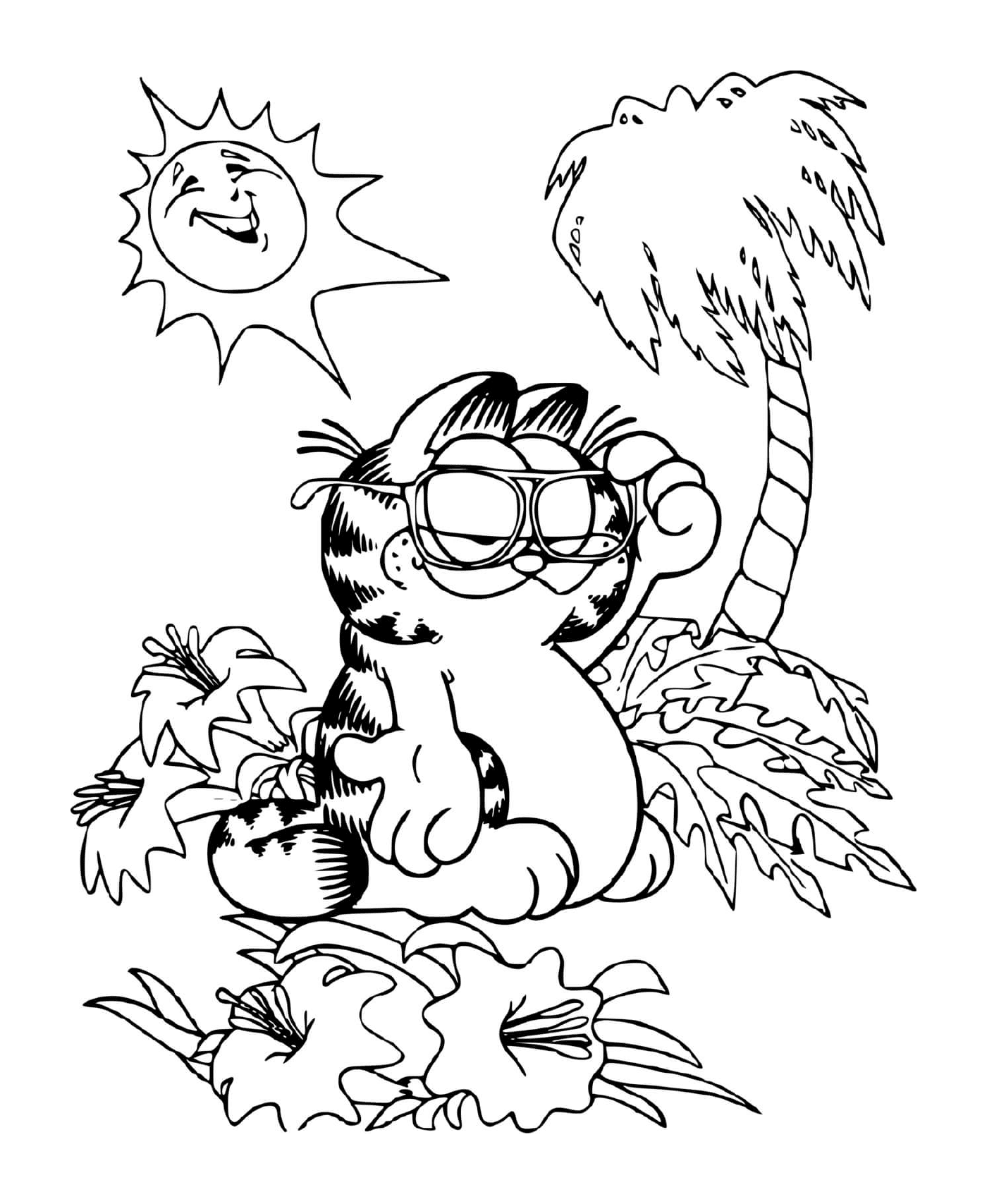coloriage Garfield sous un palmier avec le soleil