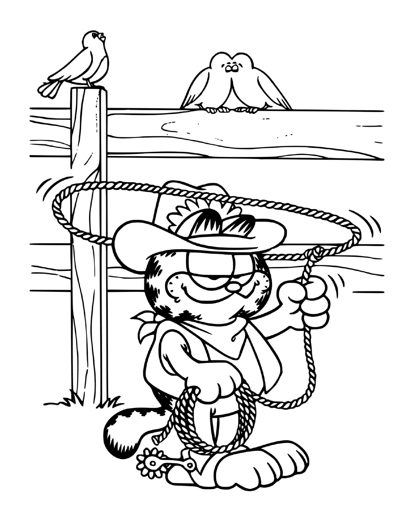 coloriage Garfield en cowboy avec son lasso