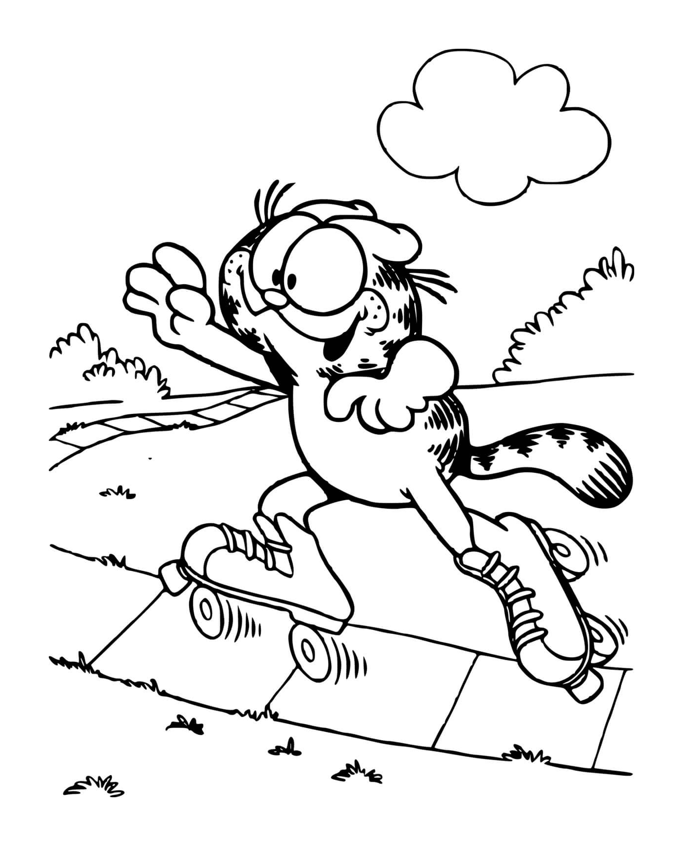 coloriage Garfield fait du patin a roulettes