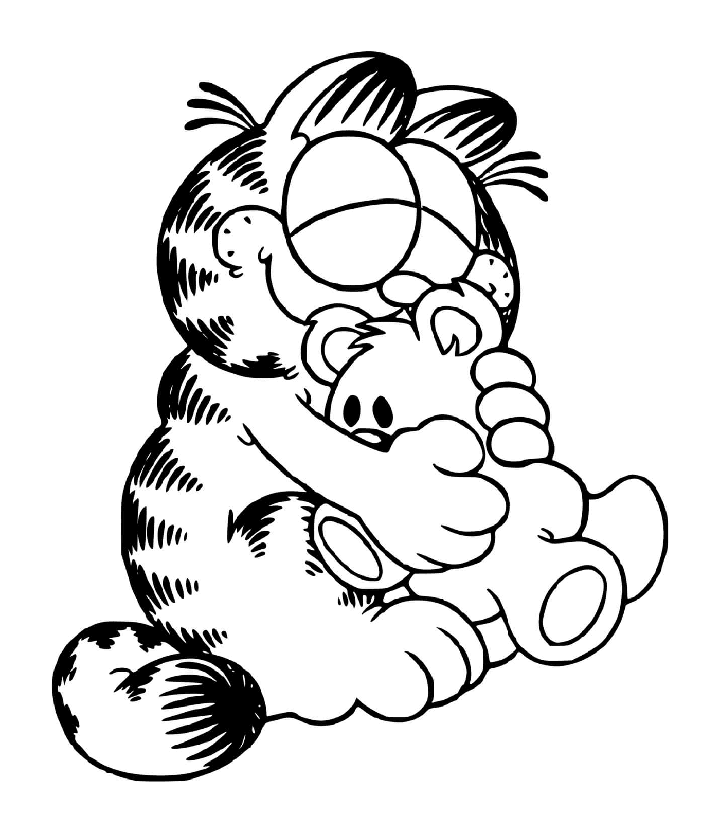 coloriage Garfield fait calin avec sa peluche