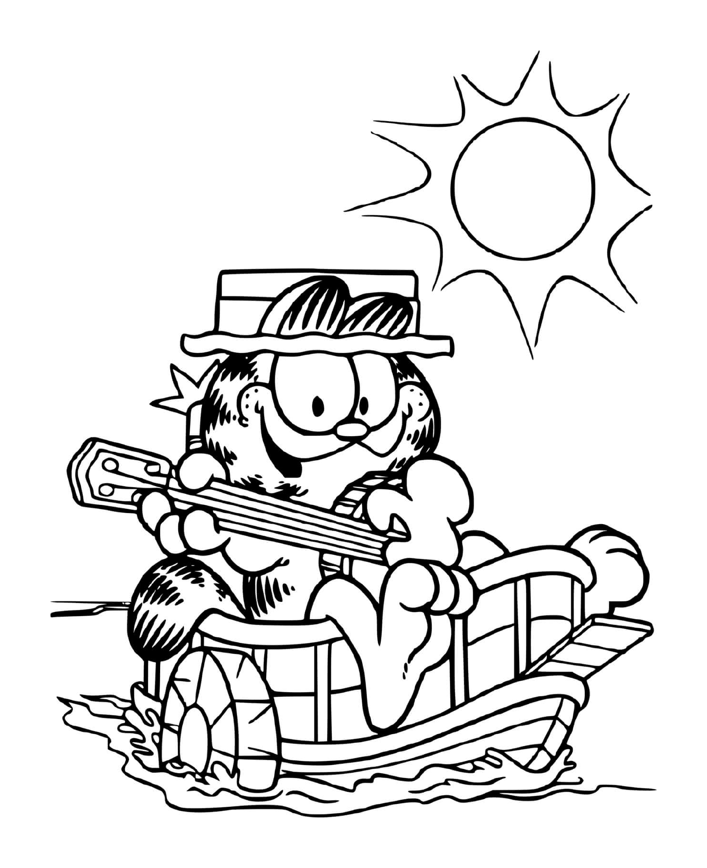 coloriage Garfield joue de la guitare sur son bateau
