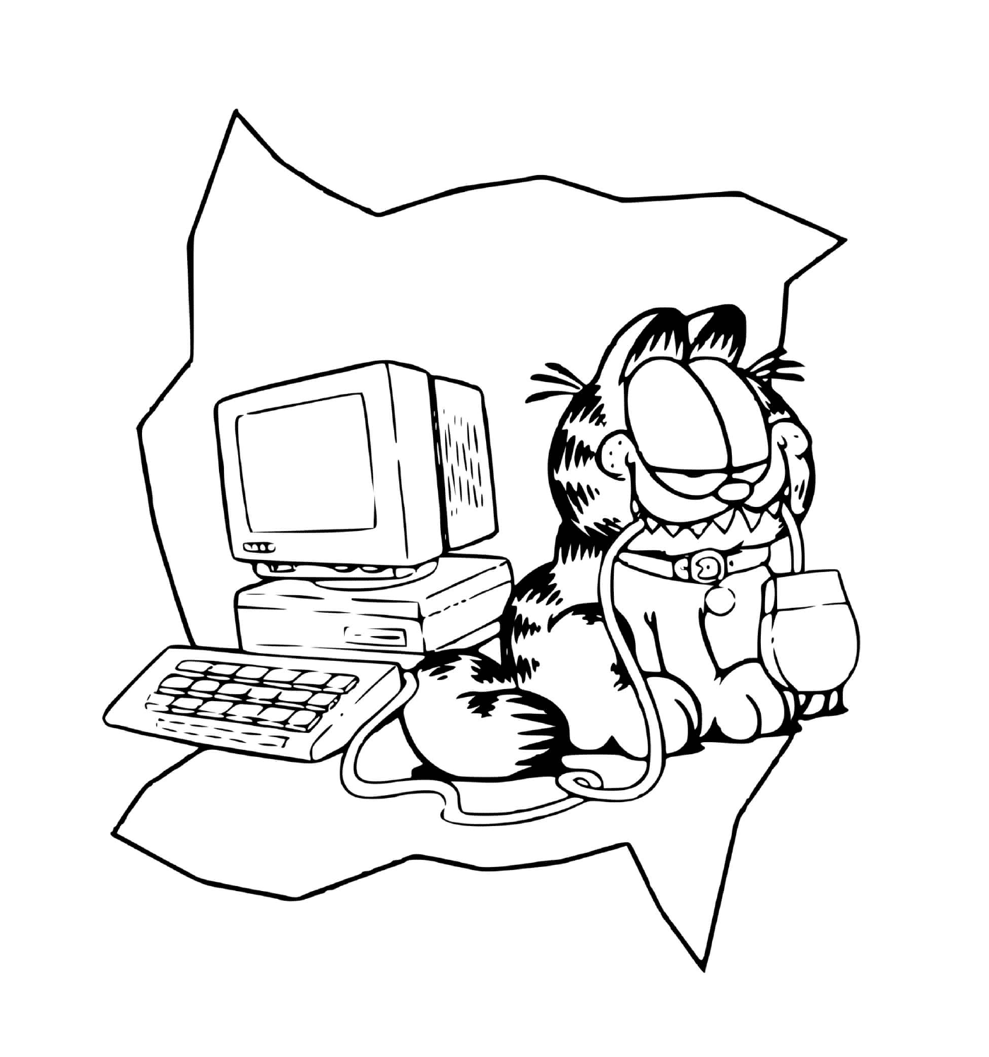 coloriage garfield adore jouer avec un ordinateur