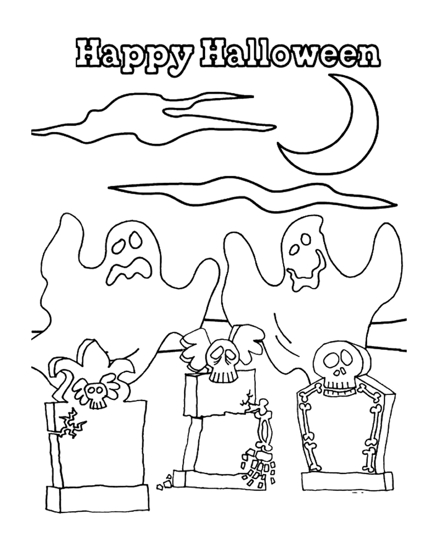 coloriage happy halloween avec des fantomes